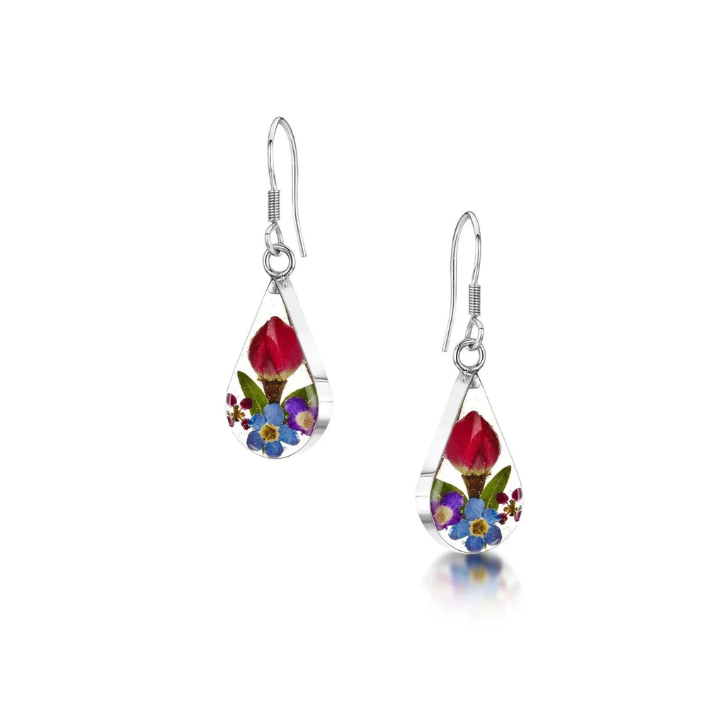 Sterling Silver Teardrop Drop Earrings with Real Preserved Flowers