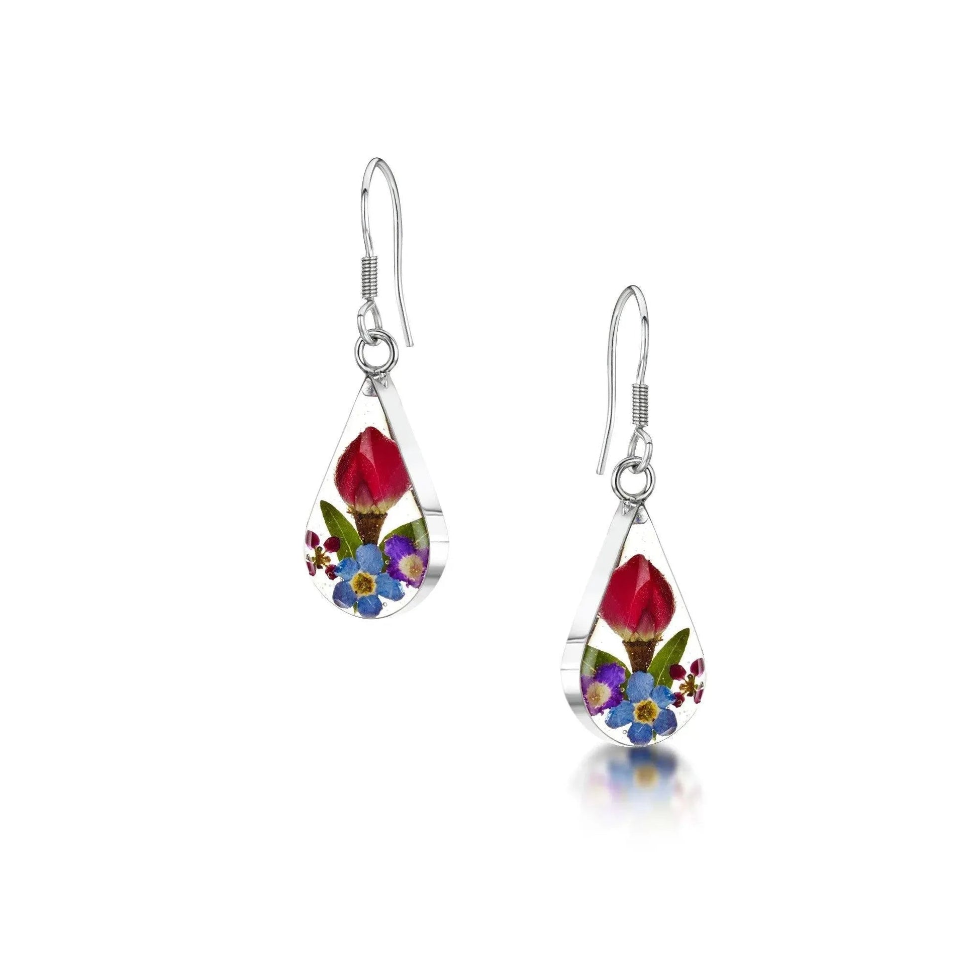 Sterling Silver Teardrop Drop Earrings with Real Preserved Flowers