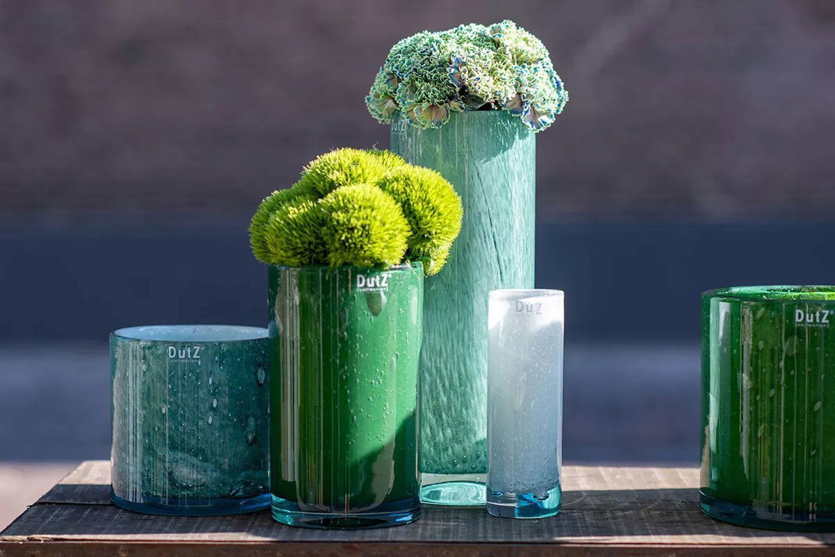 Cylinder Vase in Green and White Mouth Blown Glass