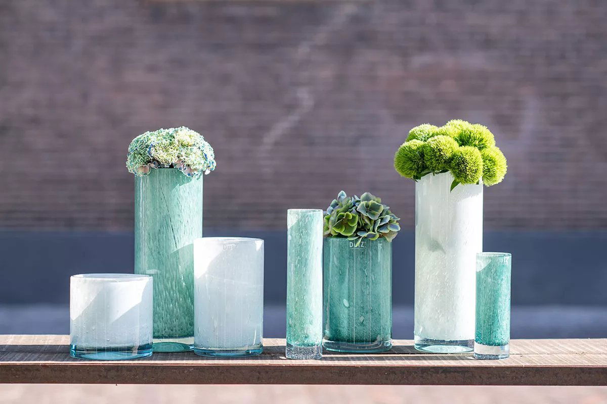 Cylinder Vase in Green and White Mouth Blown Glass