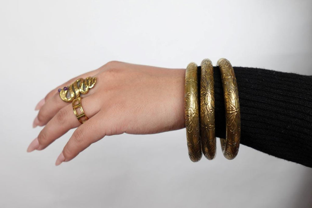 Etched Tribal Boho Brass Bangles Thick Engraved