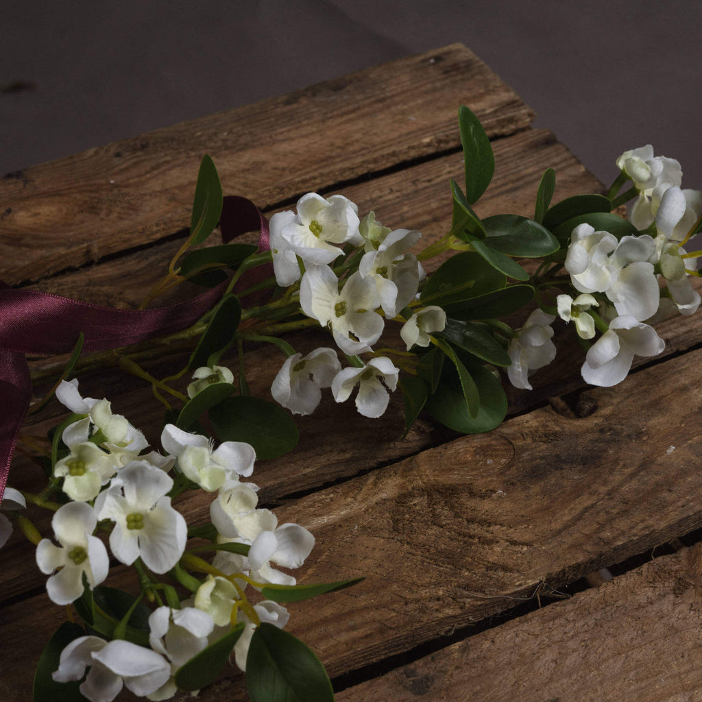White mock orange flower spray with hyper-realistic petals and leaves, perfect for home decor. by sostter at brixbailey.com