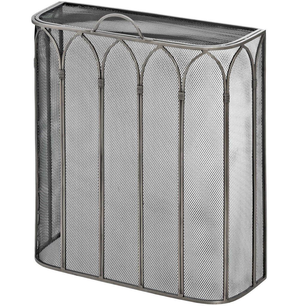 Handcrafted black metal Gothic firescreen with peaked arch design, protecting fireplace with medieval-inspired elegance. by sostter at brixbailey.com