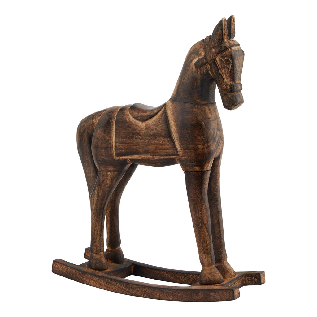 Natural wooden rocking horse for nursery, handcrafted solid wood with smooth finish, warm brown heirloom toy. by RoomLondon at brixbailey.com
