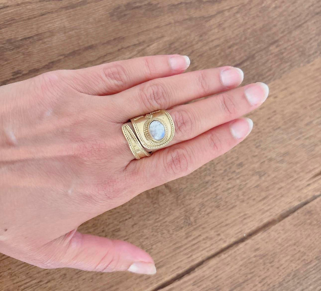 Handcrafted Brass Adjustable Ring with Moonstone