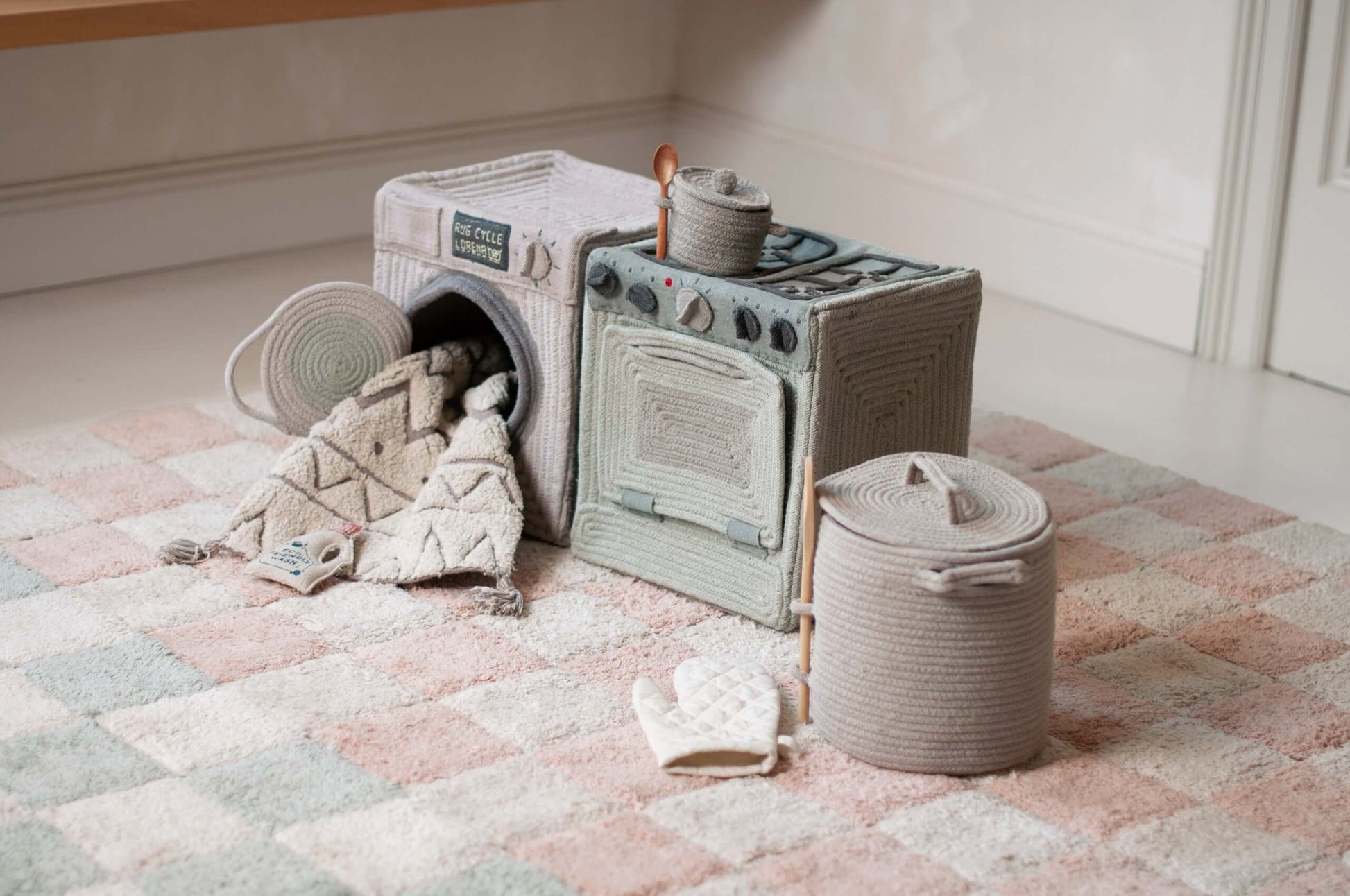 Handmade Montessori Toy Stove and Storage Basket - Eco-Friendly & Engaging Design by Lorena Canals at www.brixbailey.com