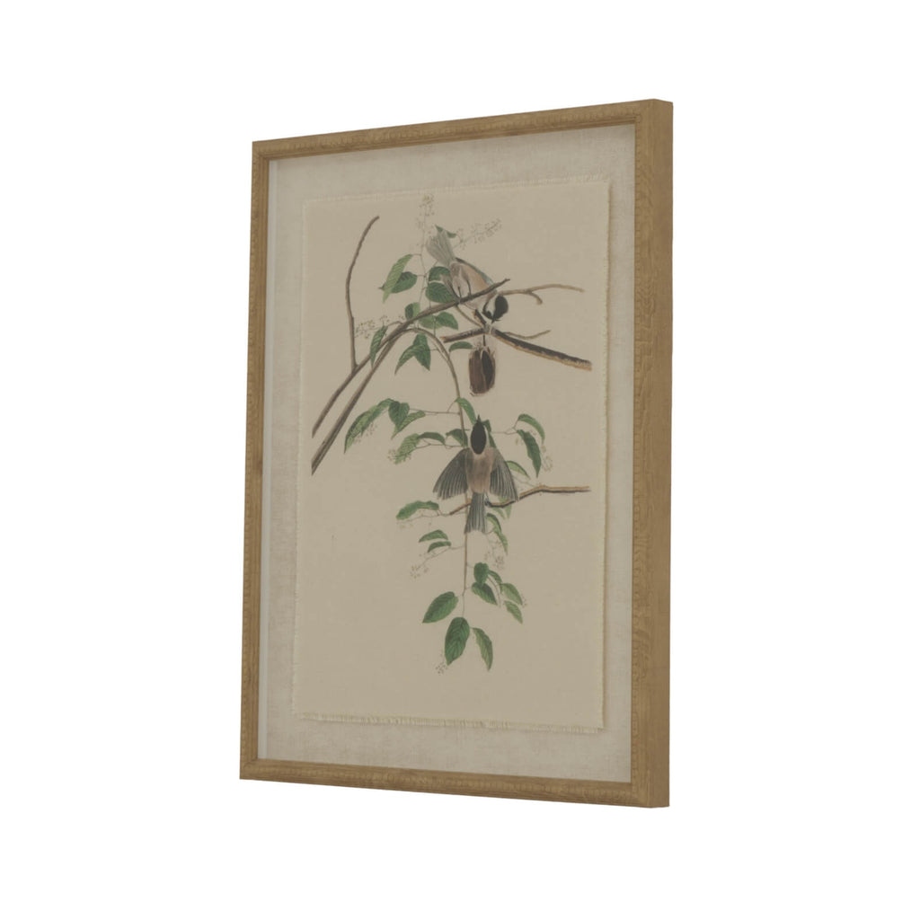 Chickadee linen artwork with beaded wooden frame in earthy brown tones, neutral bird print for home decor by sostter at brixbailey.com