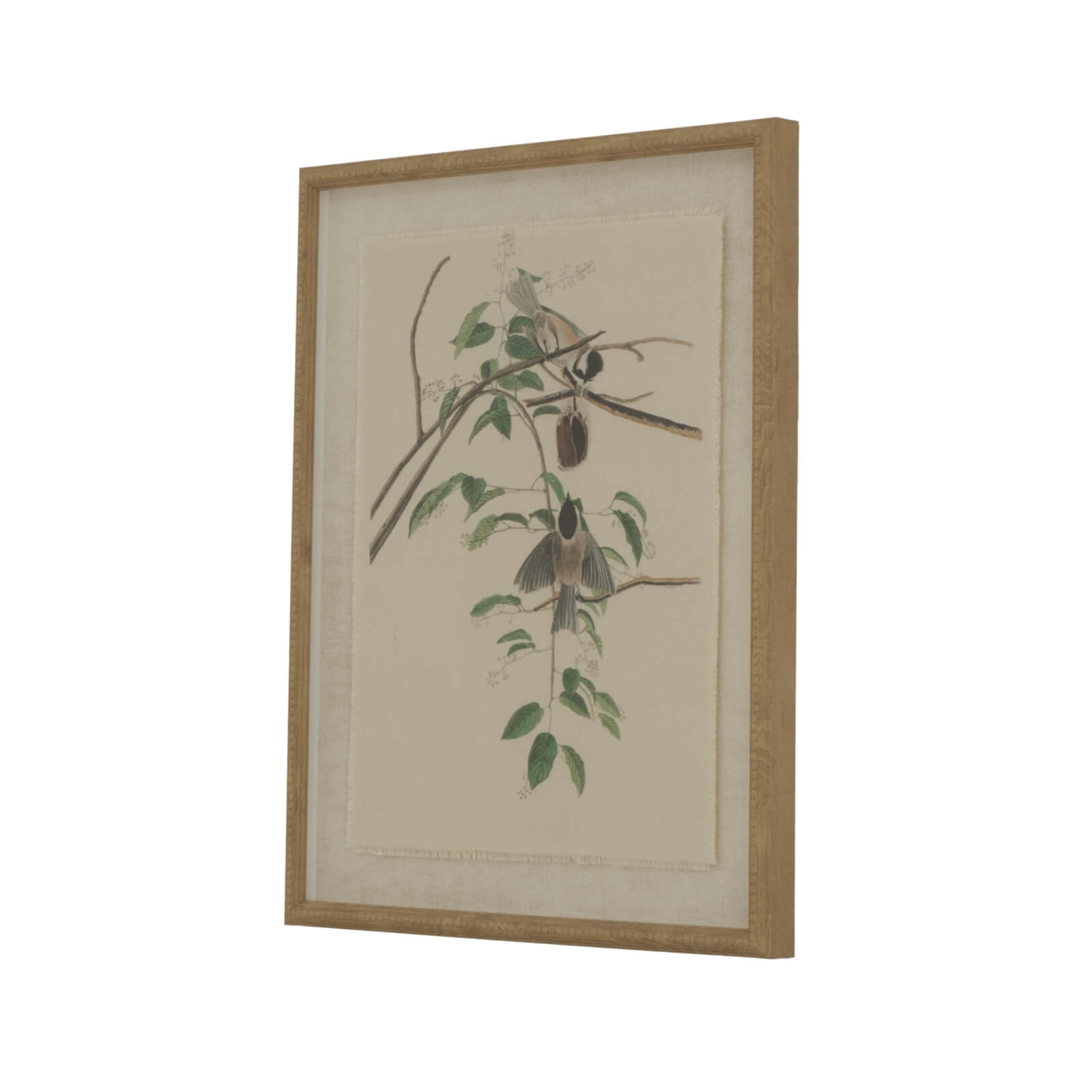 Chickadee linen artwork with beaded wooden frame in earthy brown tones, neutral bird print for home decor by sostter at brixbailey.com