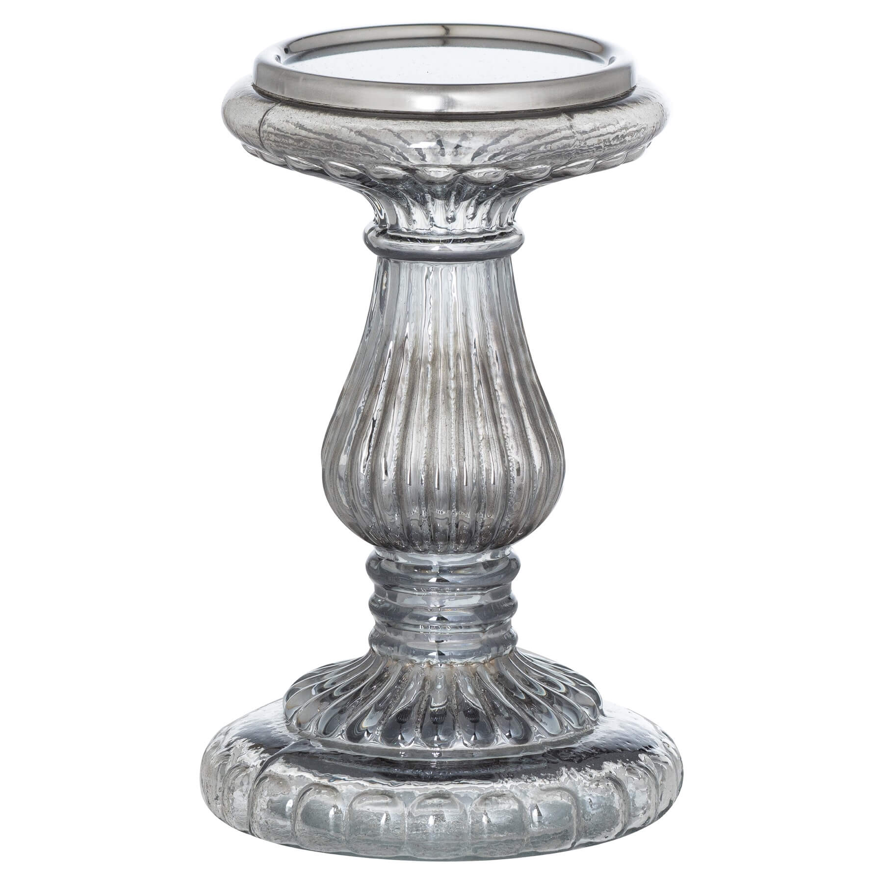 Handcrafted smoked midnight glass candle pillar with ribbed texture for dramatic mood lighting by RoomLondon at brixbailey.com