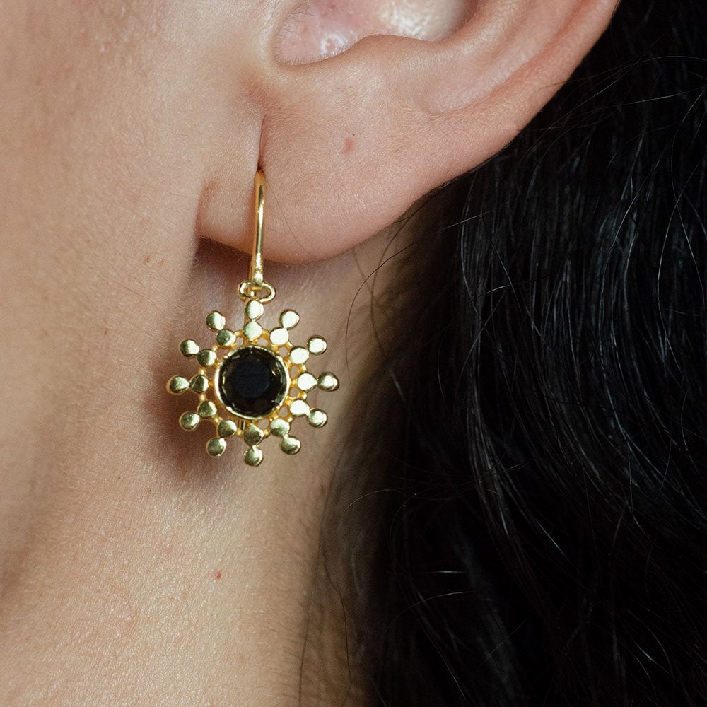 Gold Sun Drop Earrings with Black Onyx