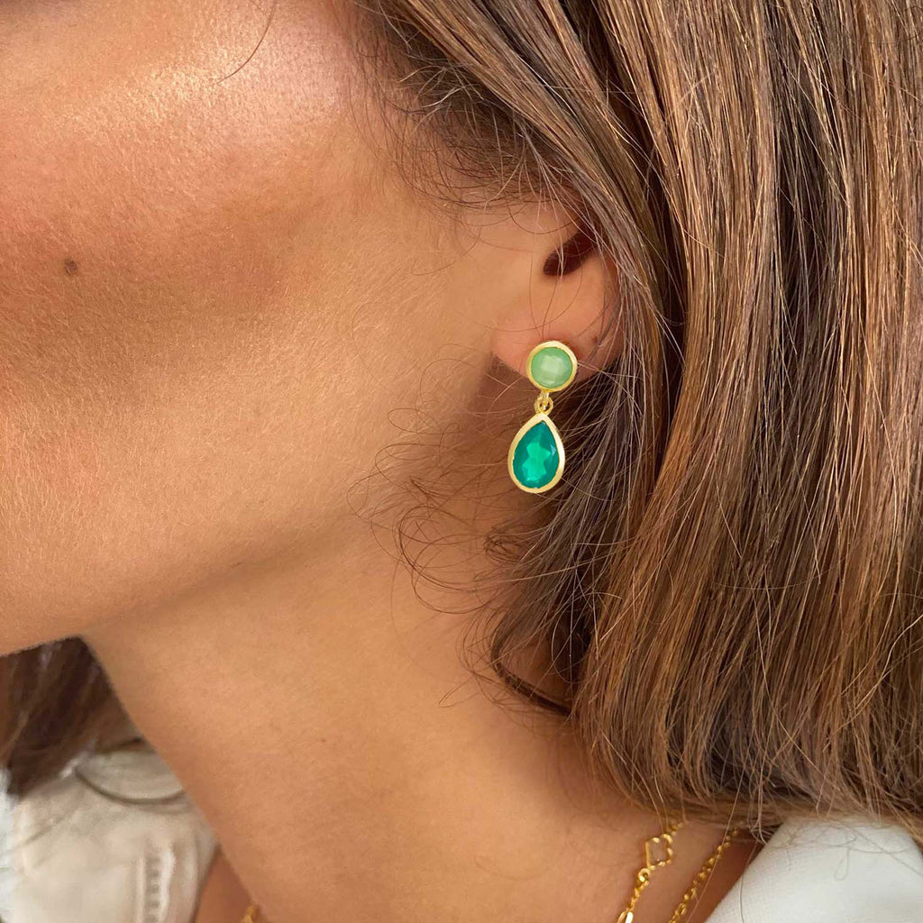 Gold Double Gemstone Drop Earrings with Green Onyx and Prenite