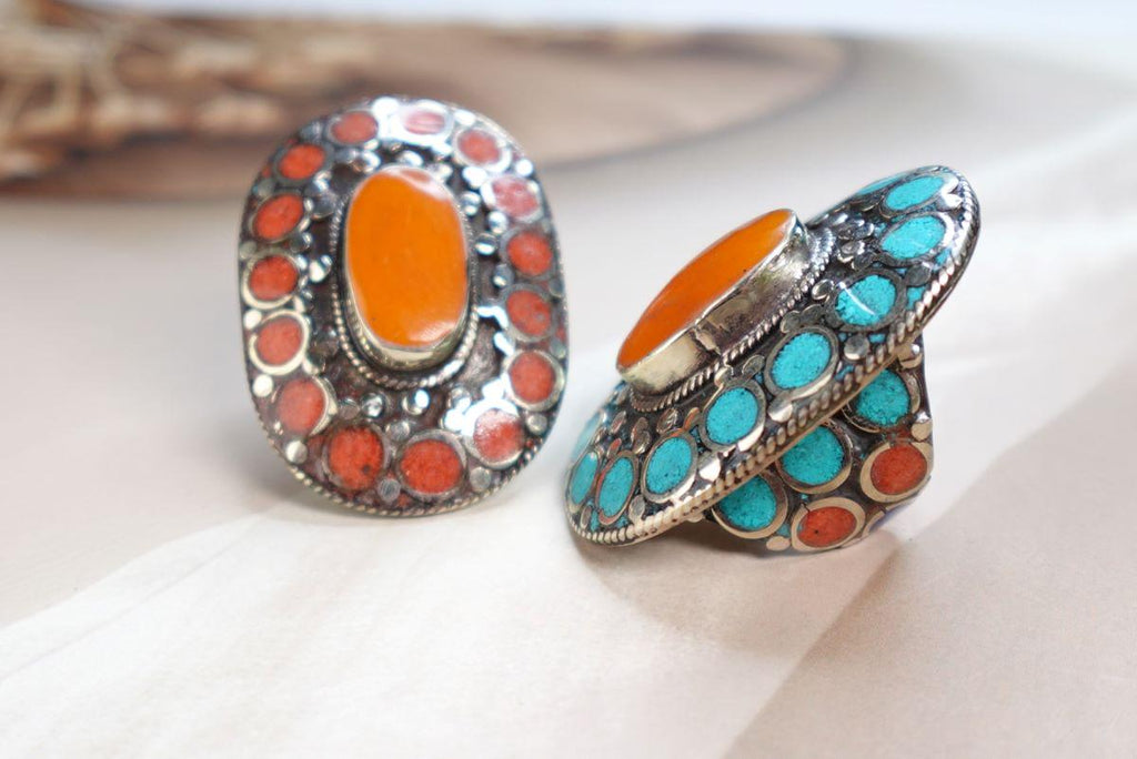 Large Adjustable Tibetan Silver Ring with Turquoise and Coral Inlay