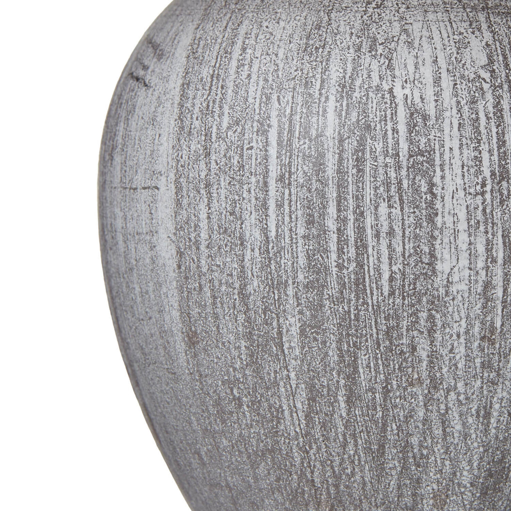 Otem urn table lamp with white linen shade and pewter-toned distressed wood base, 25cm height by sostter at brixbailey.com