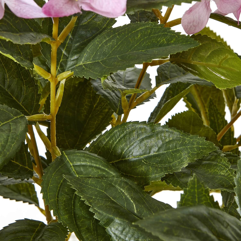 Large pink faux hydrangea plant in pot, lifelike soft pastel blooms, ready-to-display home decor centerpiece by Sostter at brixbailey.com
