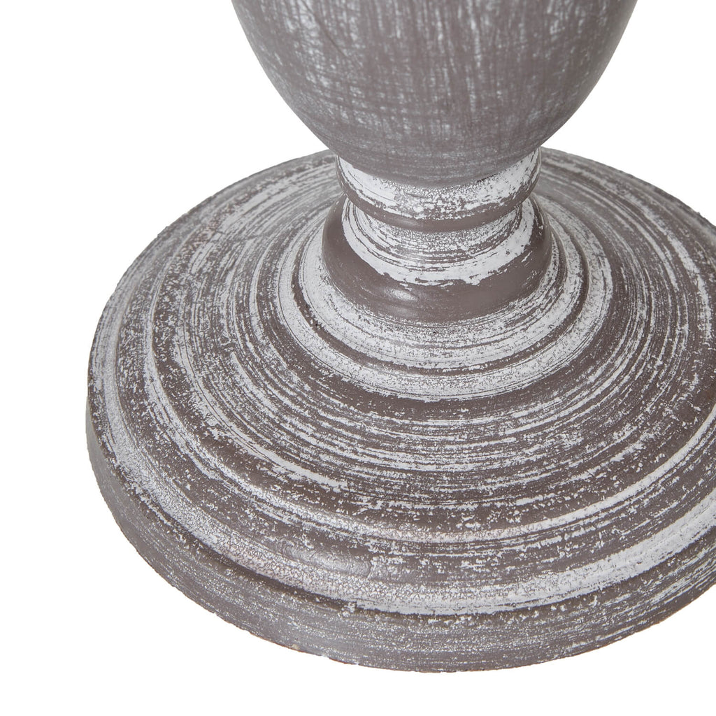 Distressed white wood Metis Urn Table Lamp with neutral linen shade, rustic farmhouse decor by Sostter at brixbailey.com