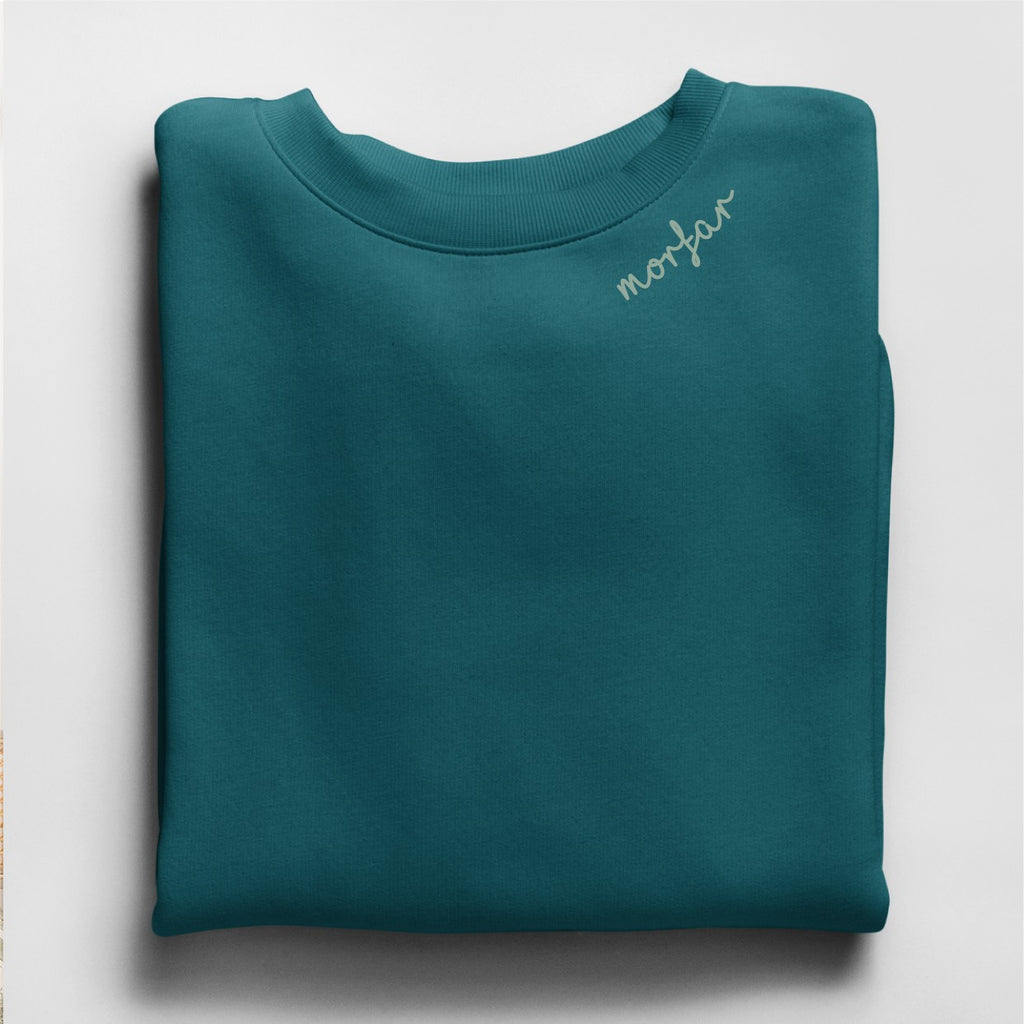 a playful toddler in a cozy morfar sweatshirt, giggling as they show off the embroidered collar