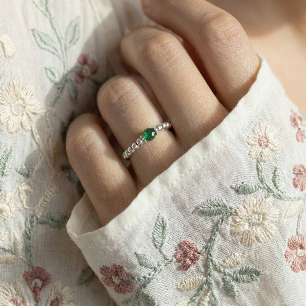 Emerald Crystal Ring with Silver Beads