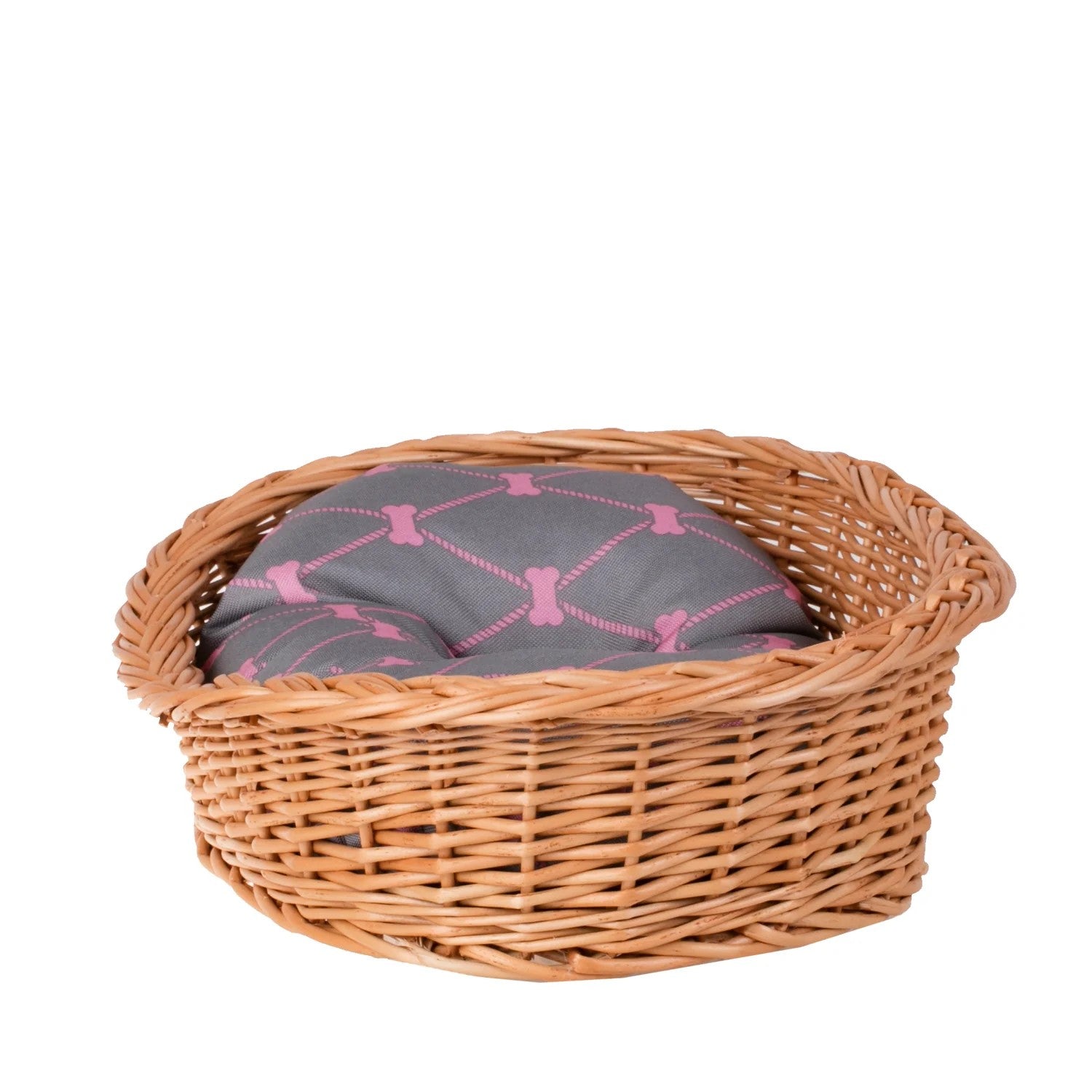 Enovia Natural Wicker Dog Bed With Grey And Pink Cushion,  75x57 cm