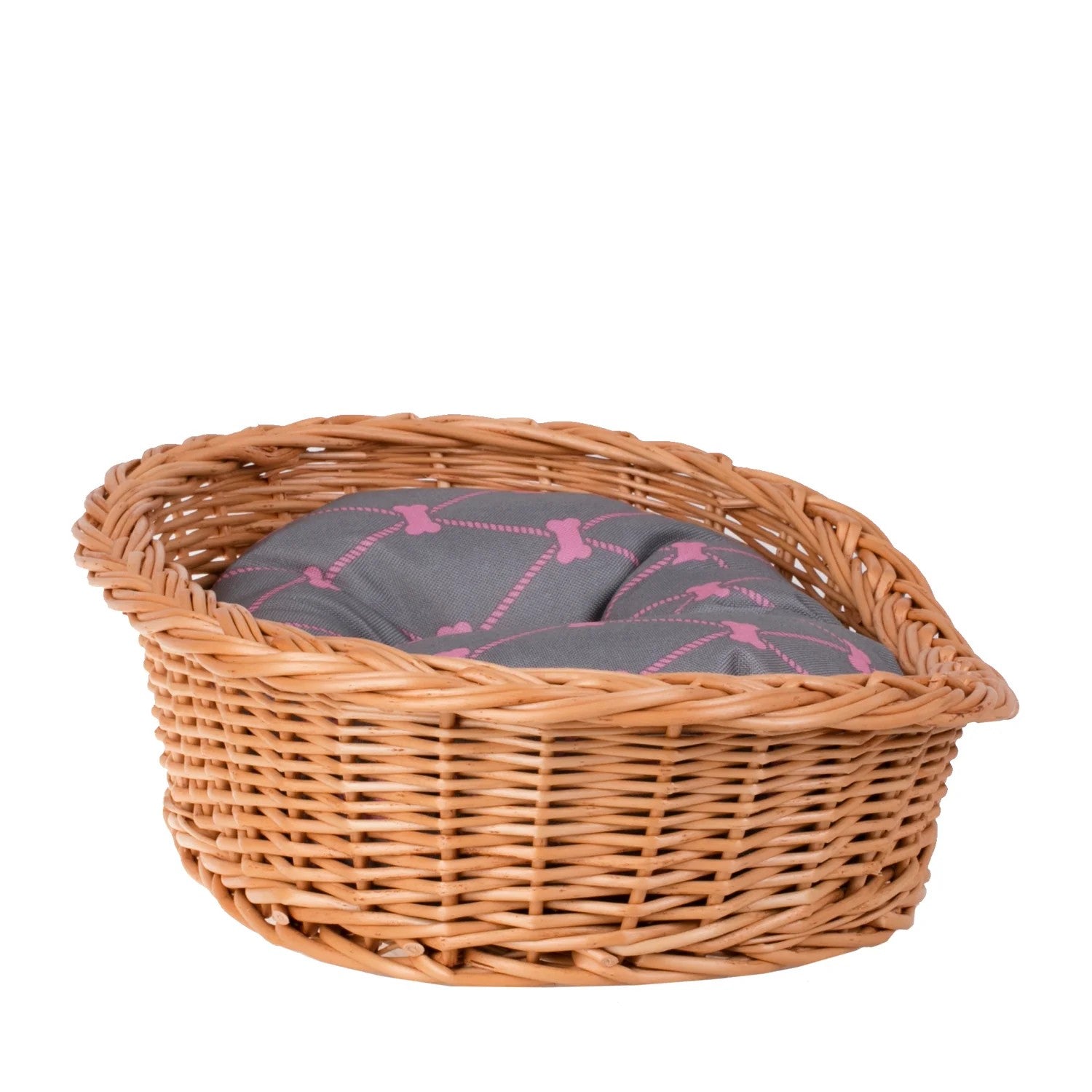 Enovia Natural Wicker Dog Bed With Grey And Pink Cushion, 70x54 cm