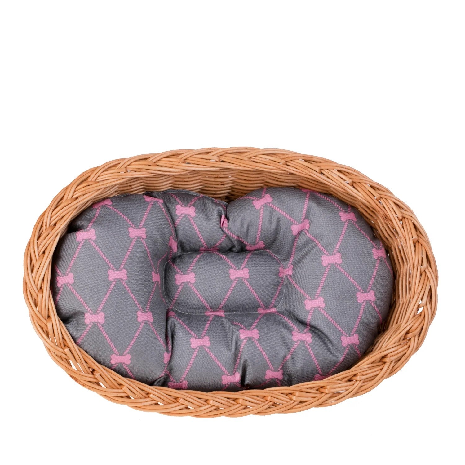 Enovia Natural Wicker Dog Bed With Grey And Pink Cushion, 65x46 cm