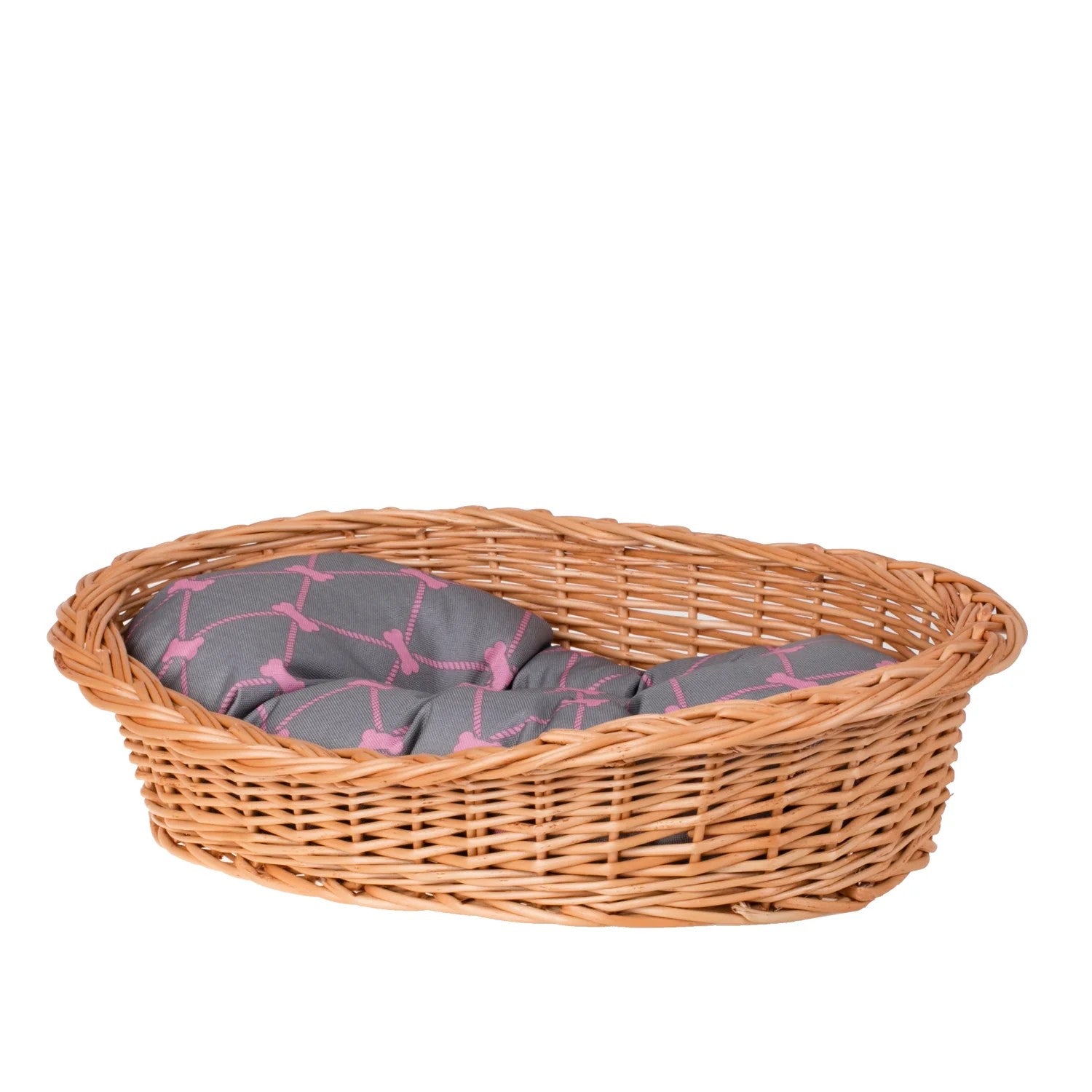 Enovia Natural Wicker Dog Bed With Grey And Pink Cushion, 65x46 cm