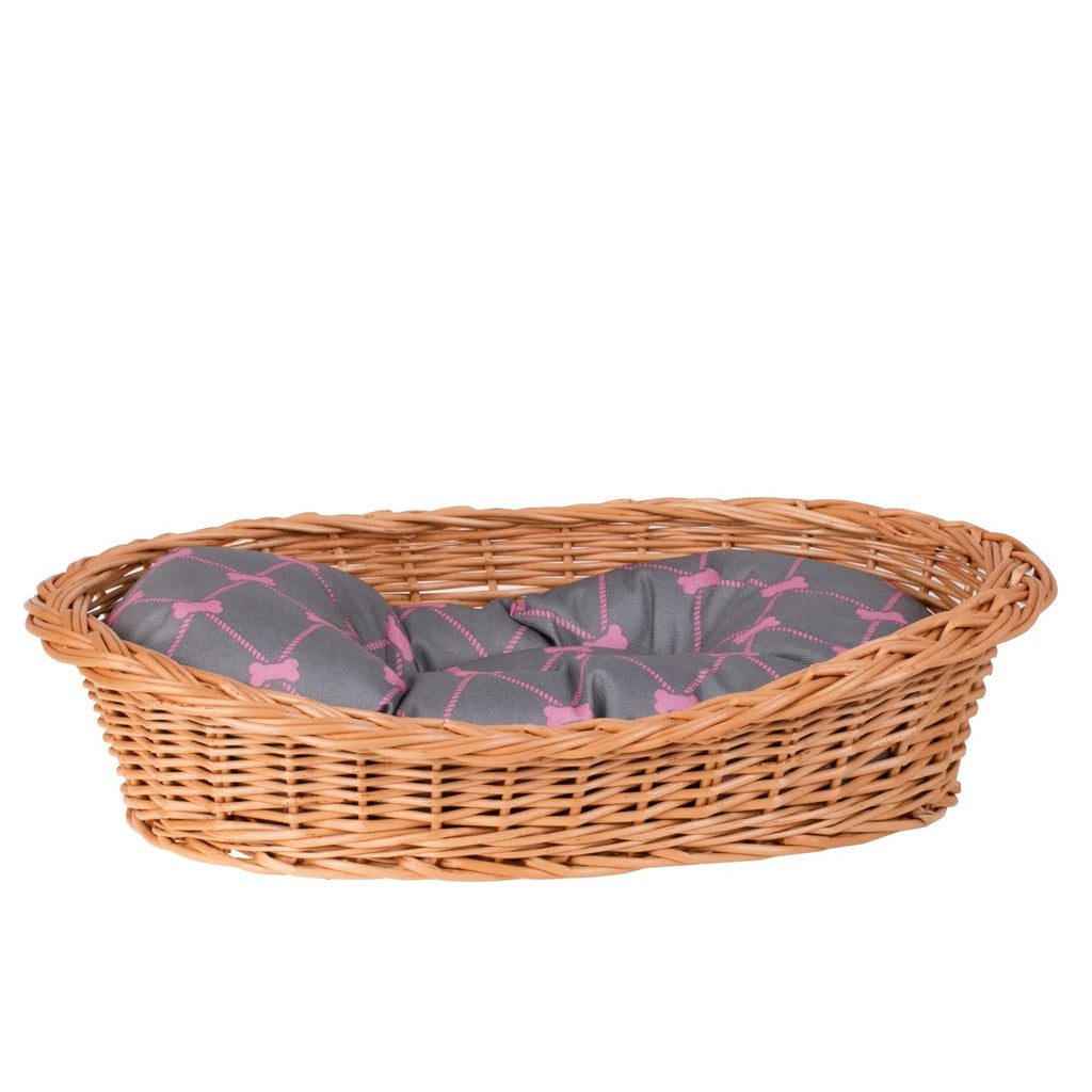 Enovia Natural Wicker Dog Bed With Grey And Pink Cushion, 60x43 cm