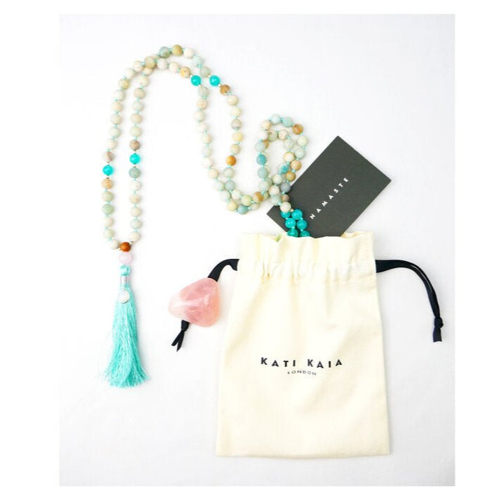 Eros Mala Necklace with Rose Quartz, Amazonite and Rainbow Moonstone