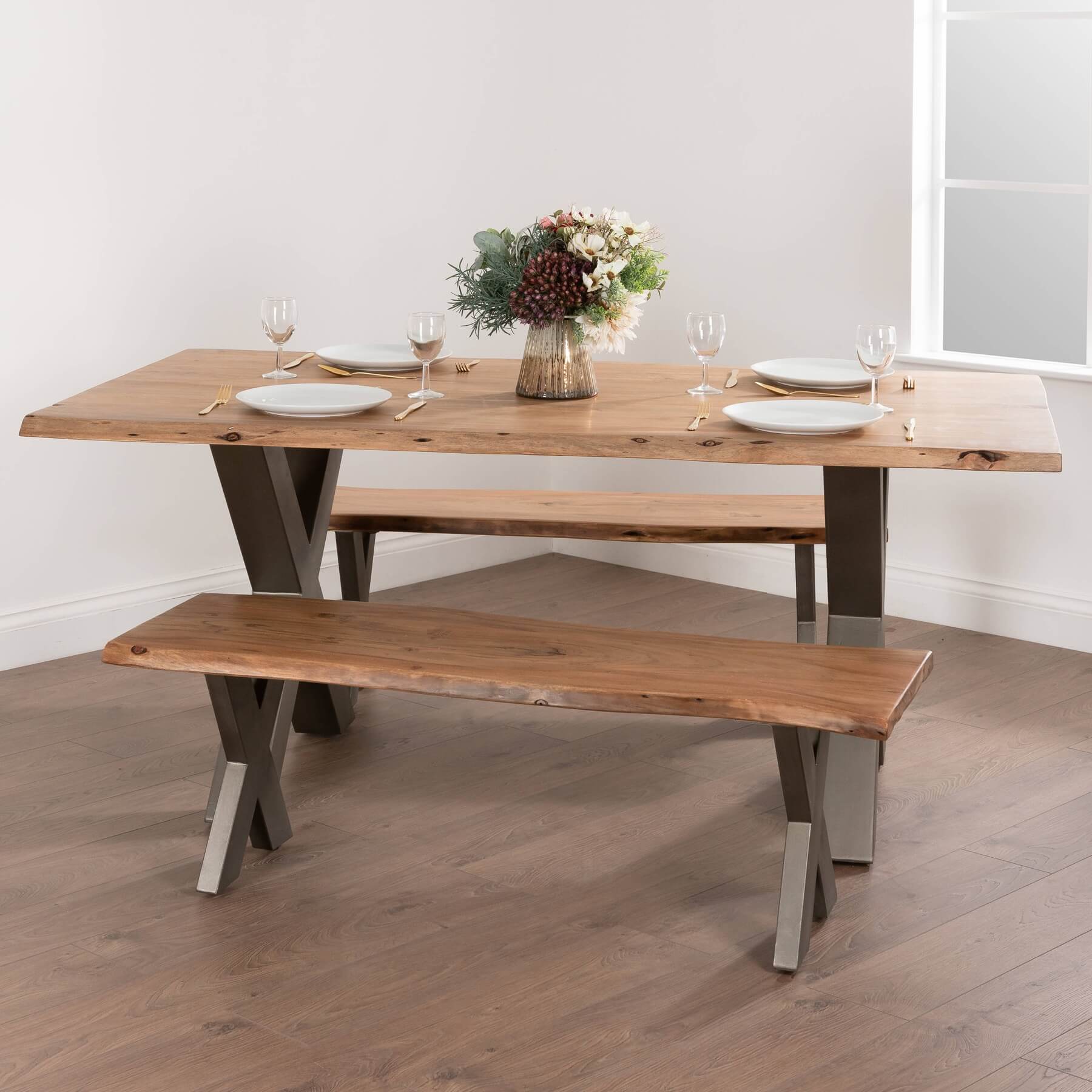 Handcrafted live edge acacia wood bench with grey metal frame, showcasing natural grain and organic contours. by RoomLondon at brixbailey.com