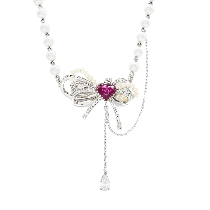 Love Heart Enamel Pearl Charm Necklace in Silver and Violet