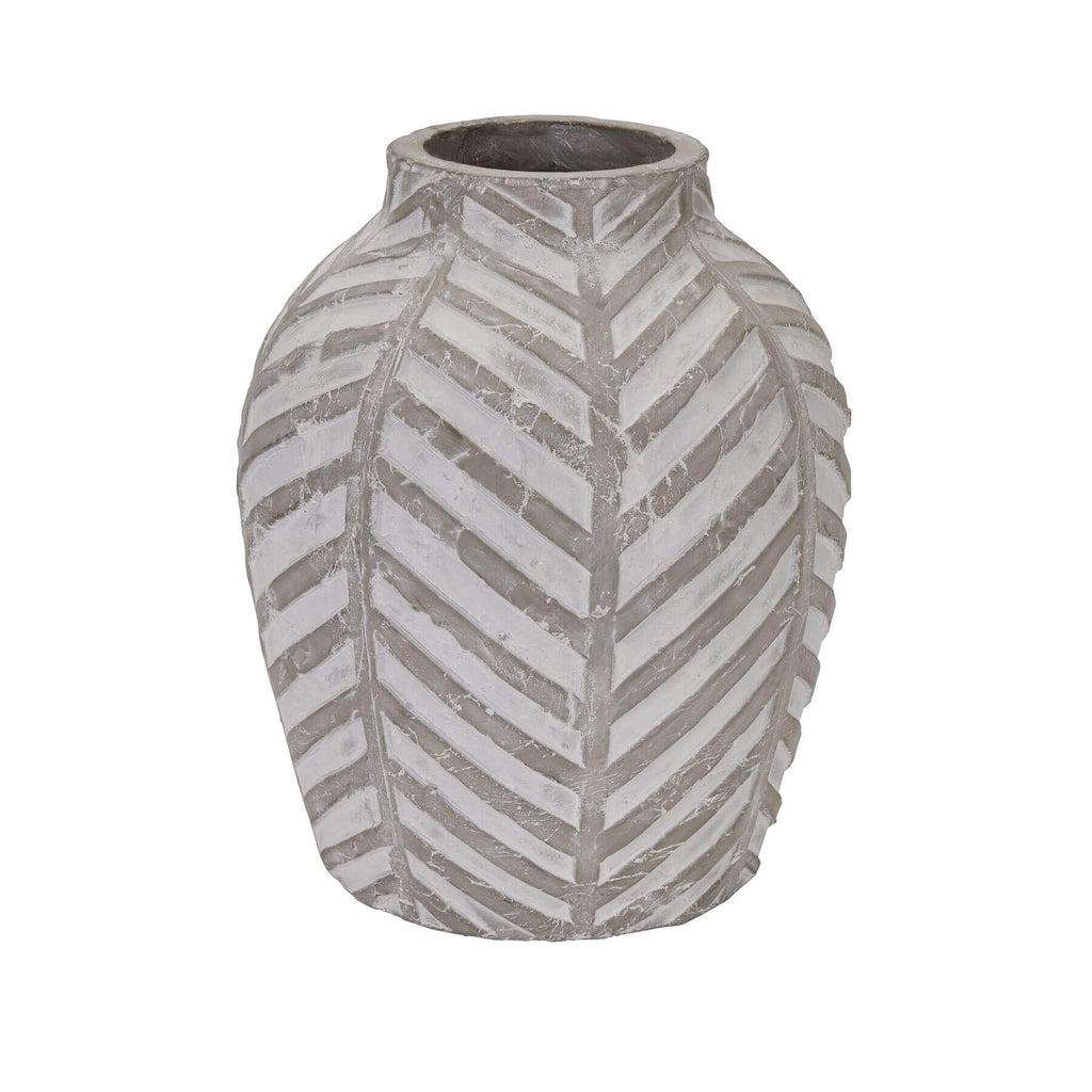Geometric Bloomville Stone Vase in neutral ceramic, 36 cm tall, for faux or real flowers with liner.by sostter at brixbailey.com