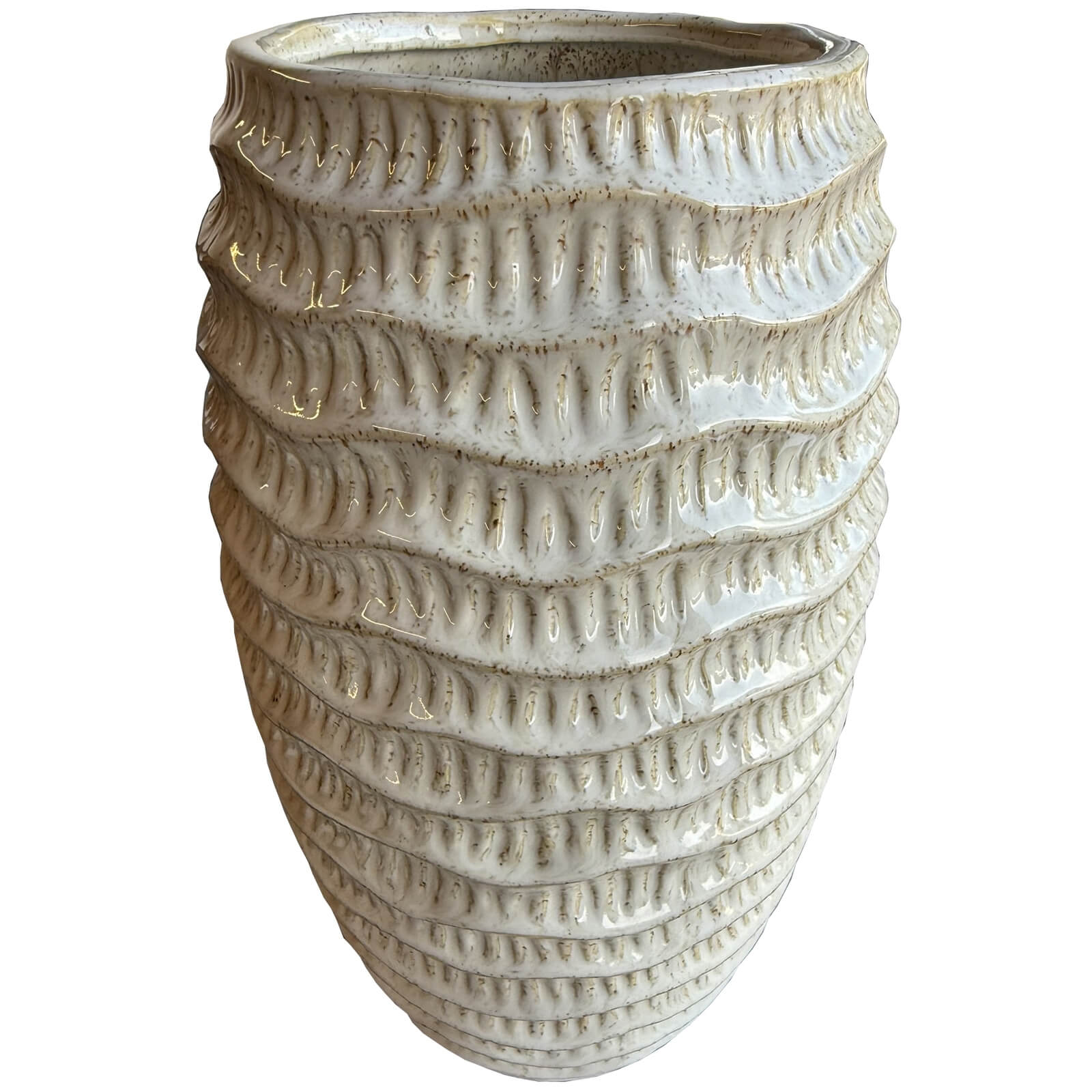 Tall white ceramic Pallida vase with vertical ridges, elegant centerpiece for modern or classic decor by RoomLondon at brixbailey.com