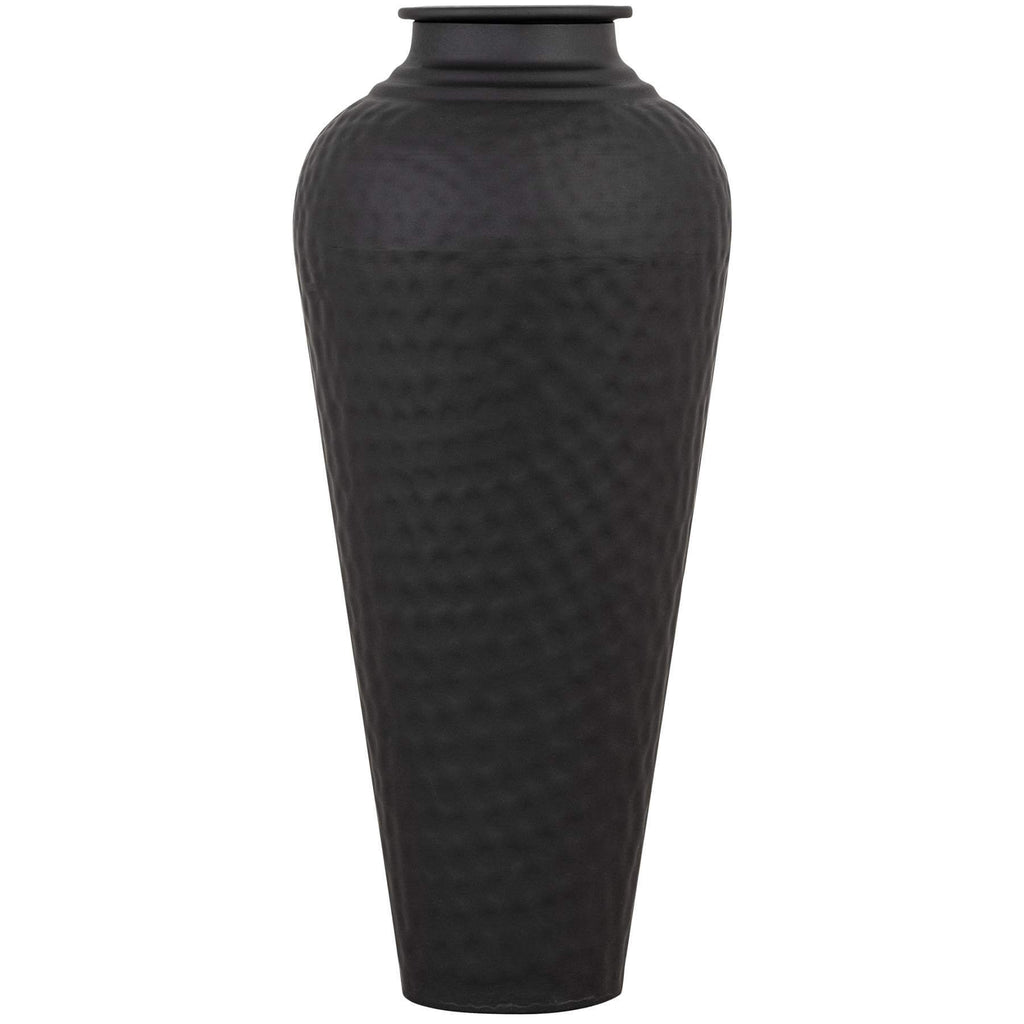 Handcrafted hammered steel vase in matte black with removable lid, 41cm tall, artisan texture for modern decor by sostter at brixbailey.com