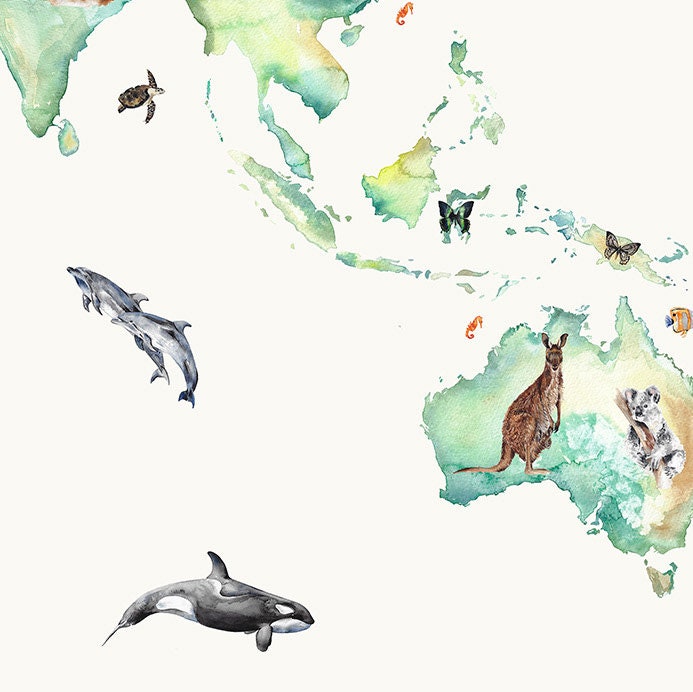 Hand Painted Wildlife World Map Print for Children