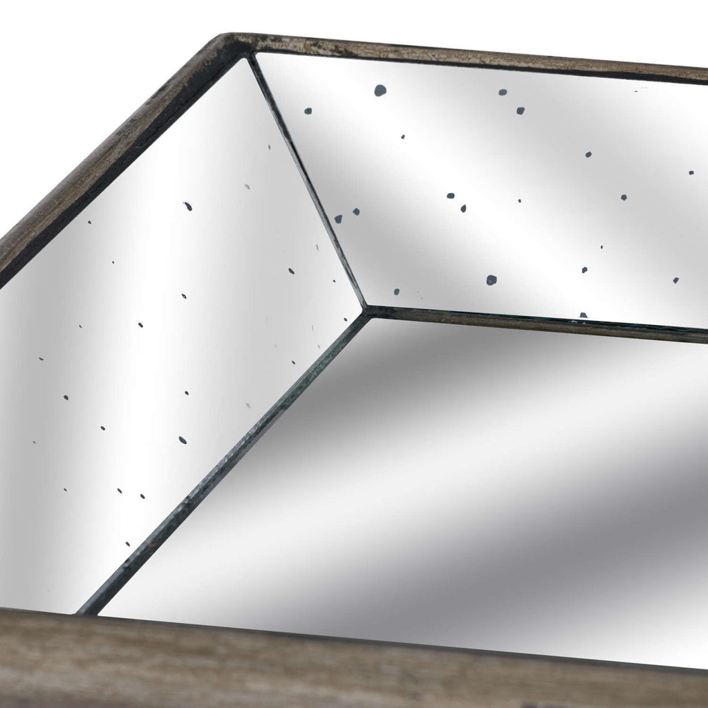 Antique gold mirrored tray with distressed glass and wooden accents, vintage home decor centerpiece by Sostter at brixbailey.com