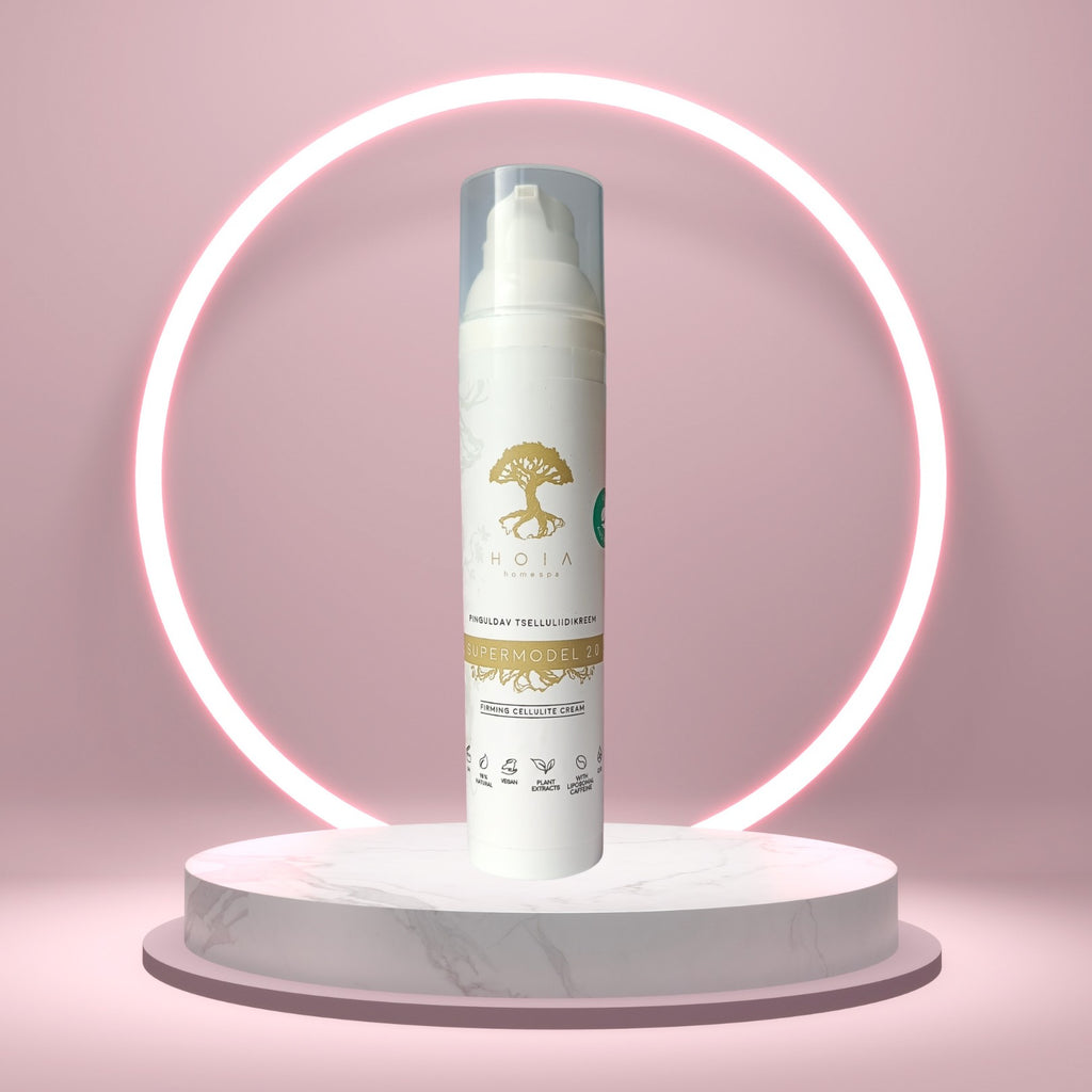 a bold close-up of firming cellulite cream with a warm, energizing glow