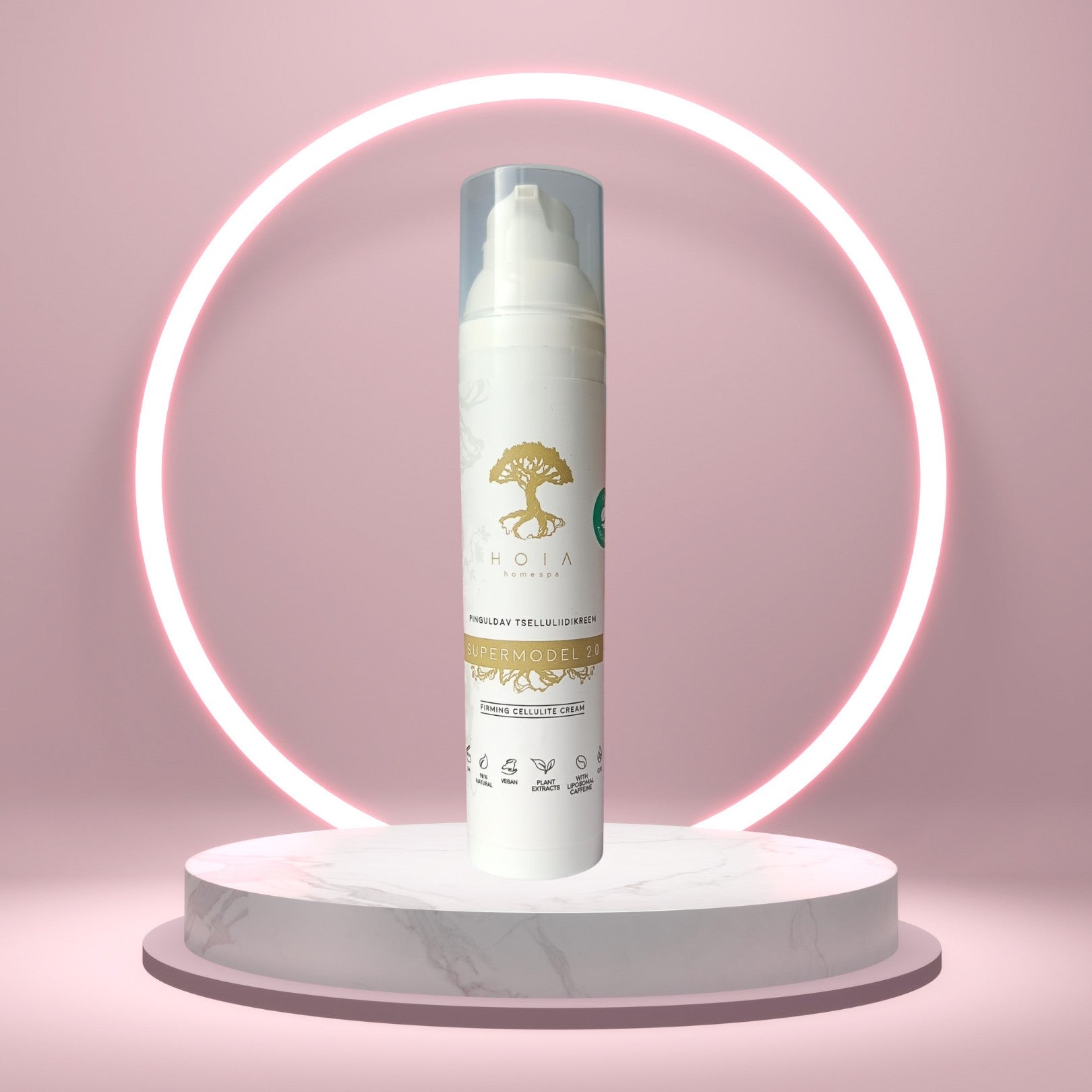 a bold close-up of firming cellulite cream with a warm, energizing glow