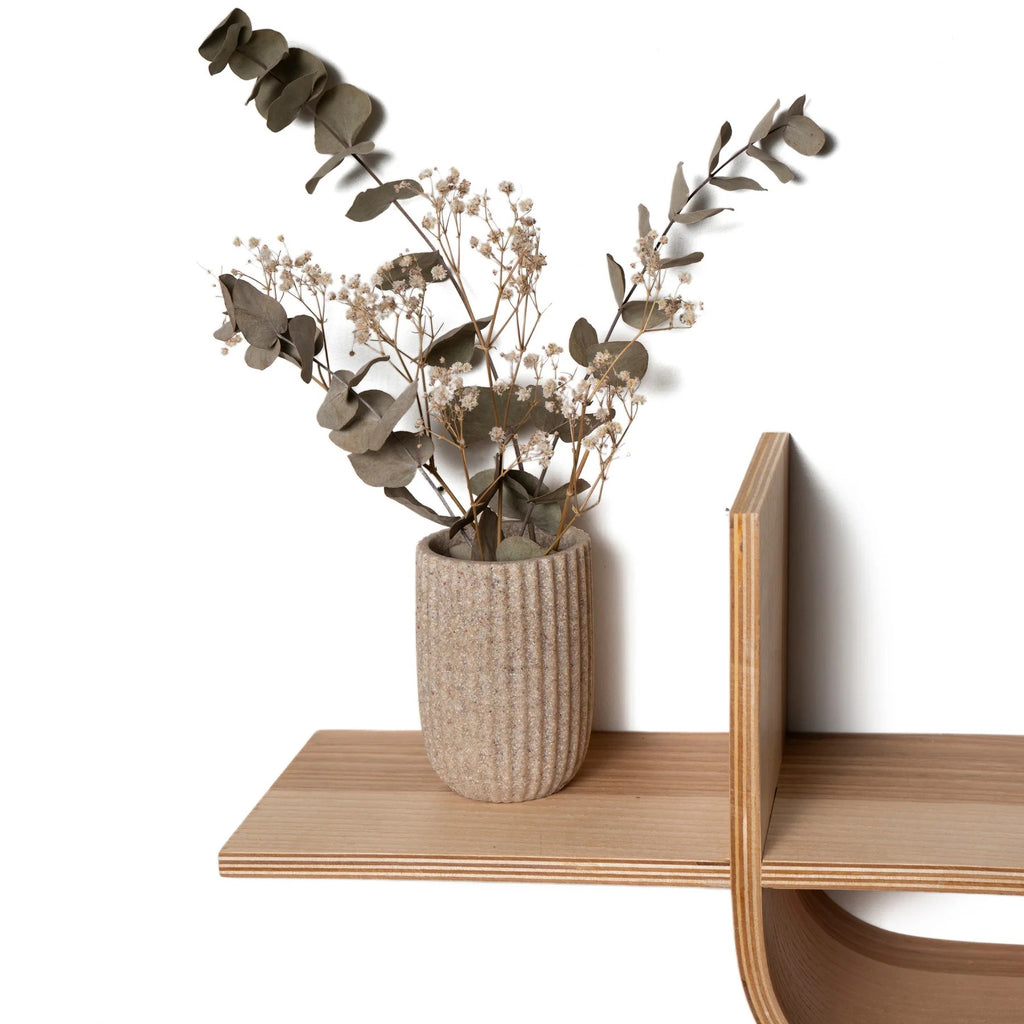 functional floating shelf in ash finish holding a stack of books and a small potted plant