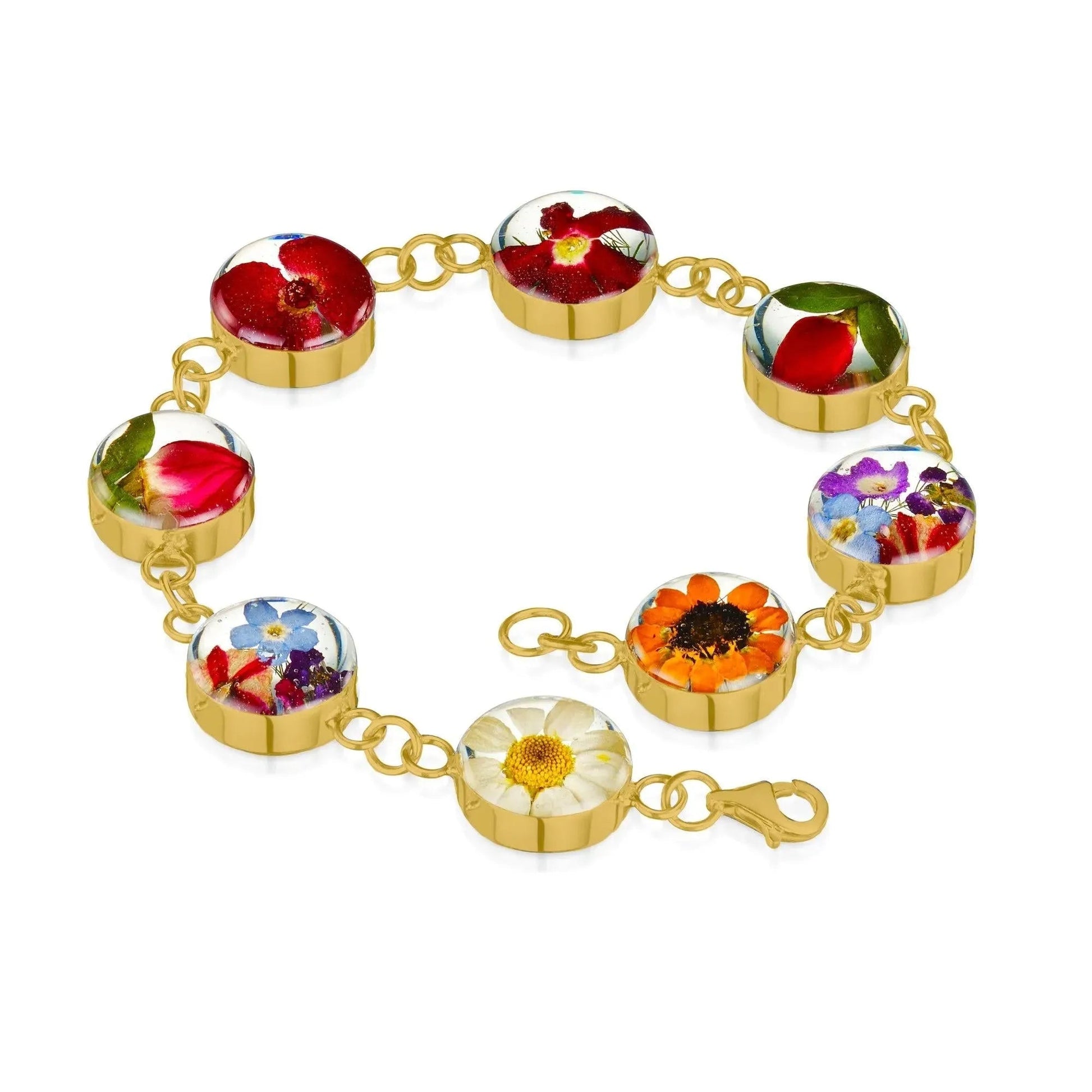 Gold Plated Sterling Silver Flower Bracelet with Real Daisy Poppy and Sunflower