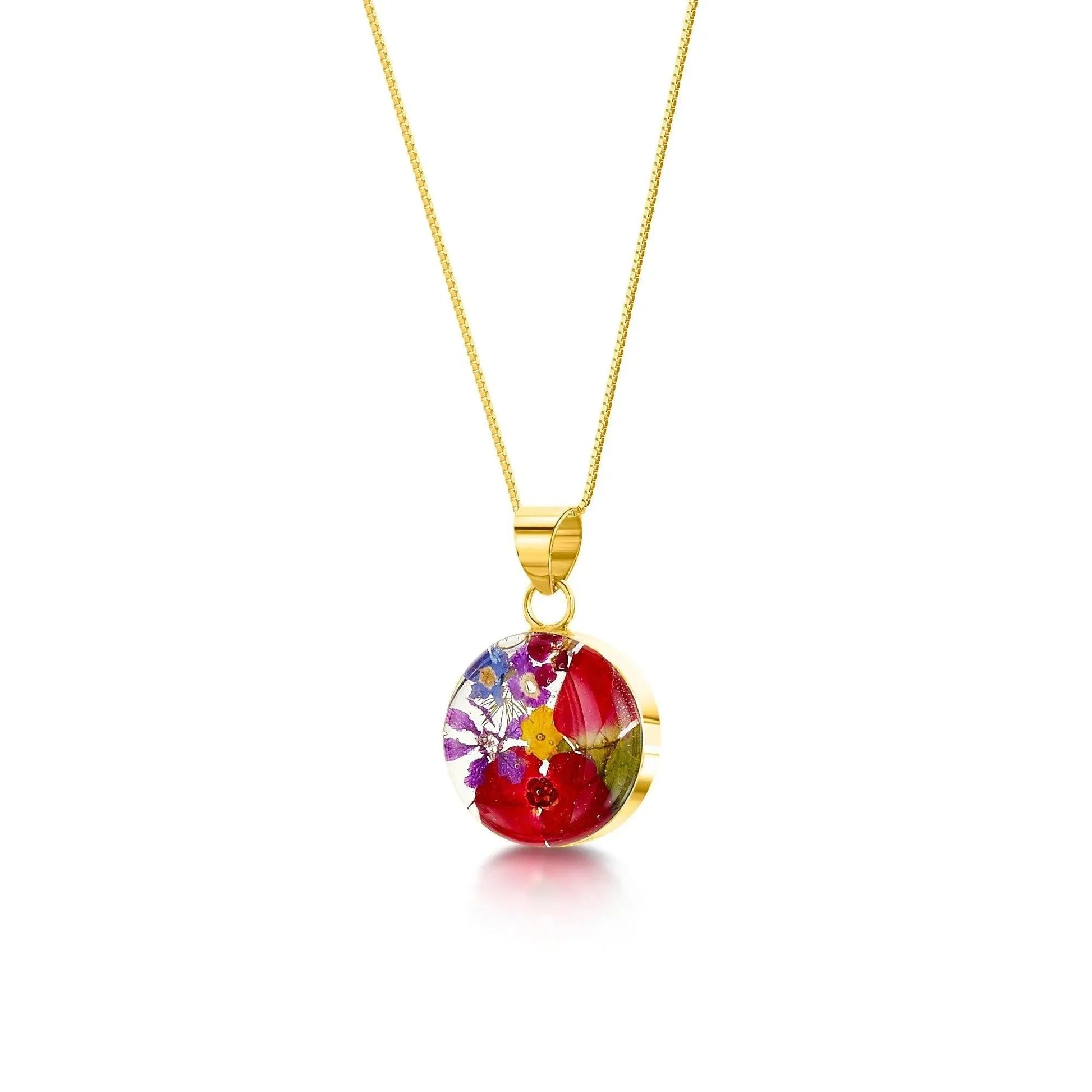 Gold Plated Sterling Silver Round Pendant Necklace with Real Preserved Flowers