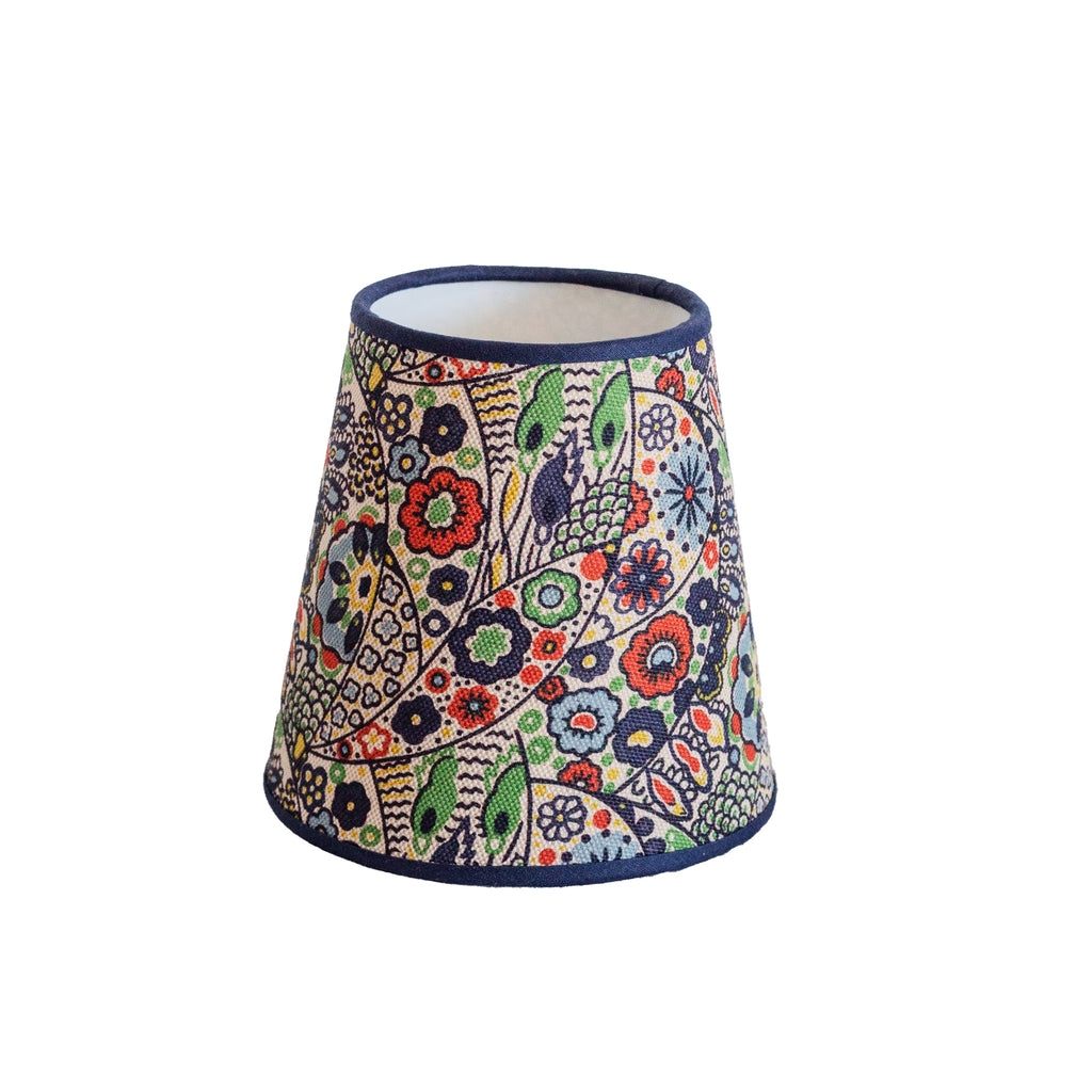 Woodblock Linen Lampshade with Blue Trim