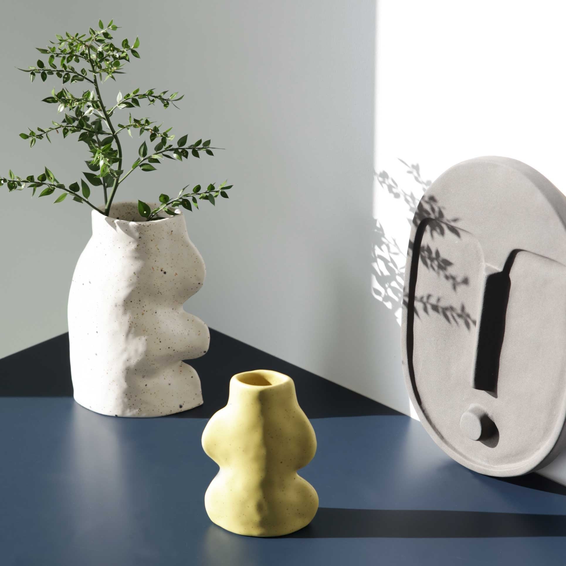 playful pistachio ceramic vase on a sunlit windowsill, its unique curves casting fun shadows