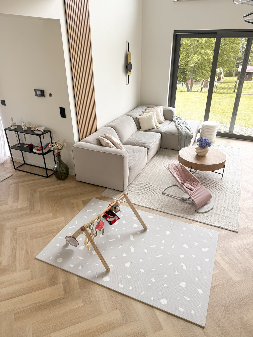 elegant lavender terrazzo foam playmat in soft morning light