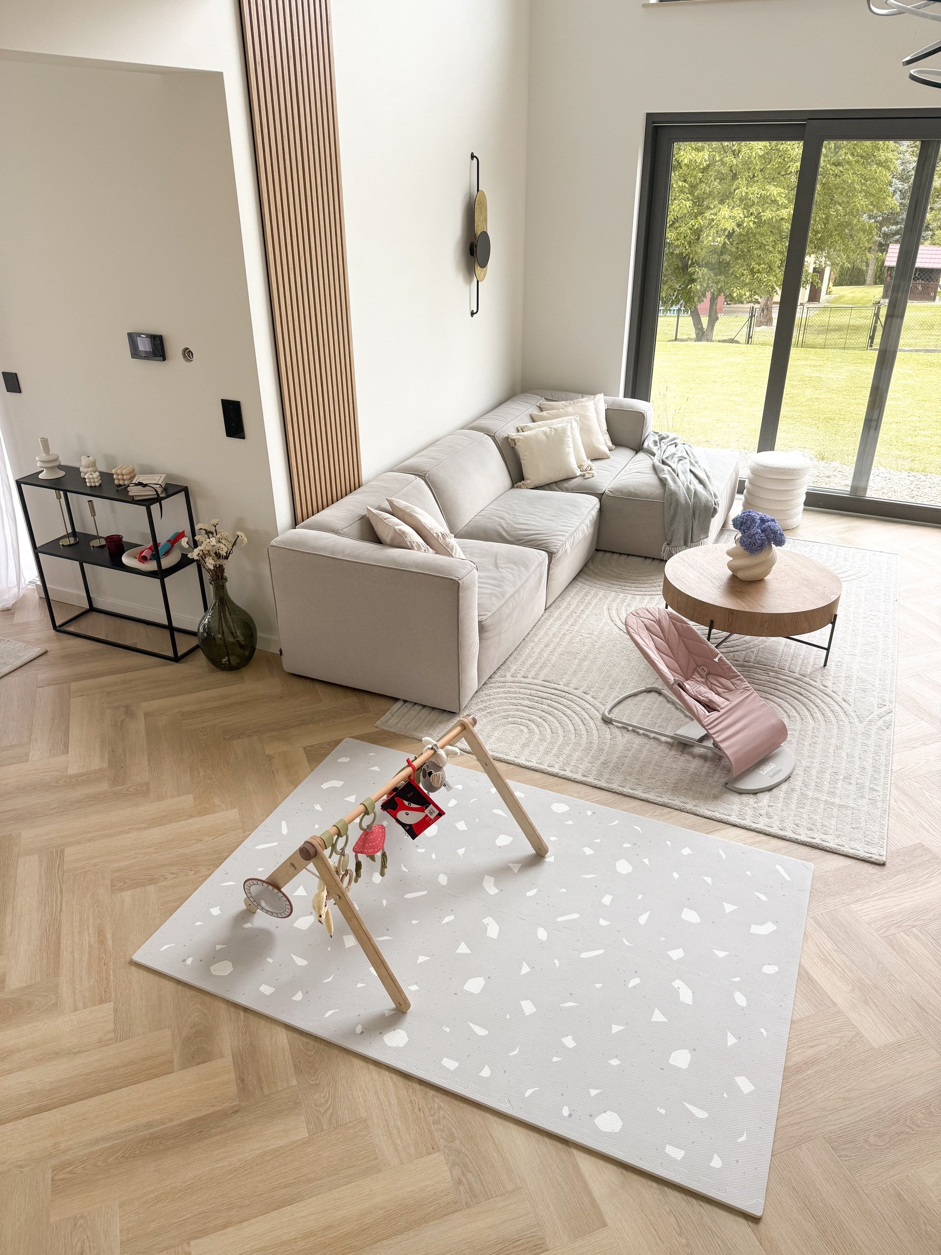 elegant lavender terrazzo foam playmat in soft morning light