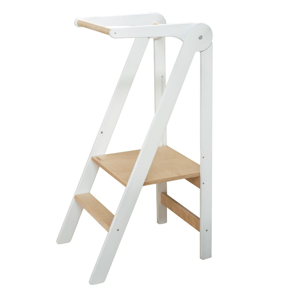 foldable kitchen helper tower in use with adjustable platform at 45 cm height