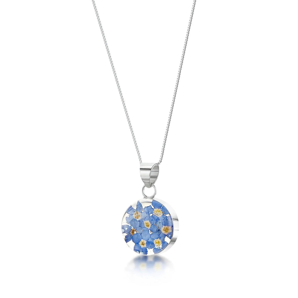 Sterling Silver Round Pendant Necklace with Real Forget-me-not Flowers