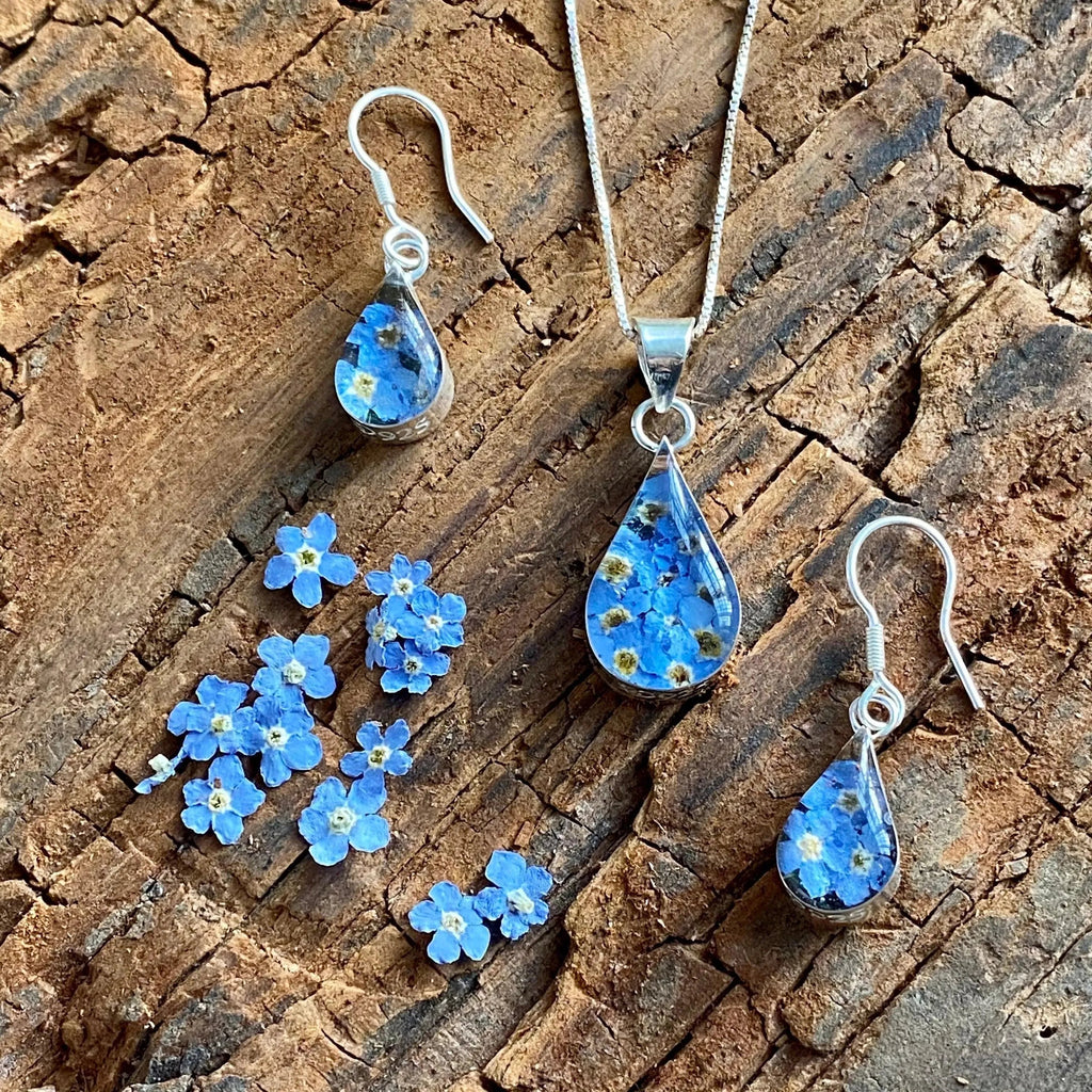 Forget Me Not Silver Teardrop Necklace with Real Flowers
