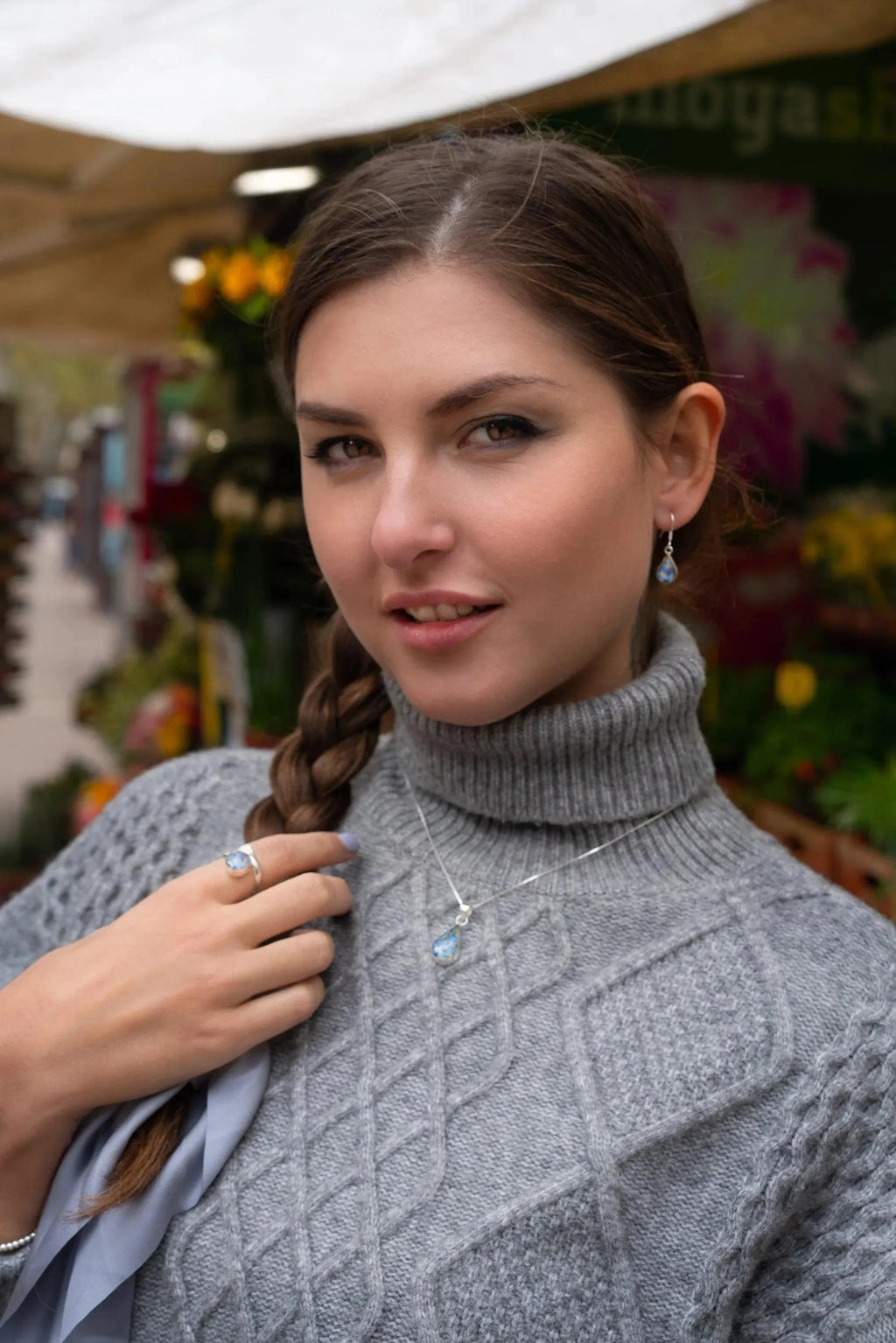 Forget Me Not Silver Teardrop Necklace with Real Flowers