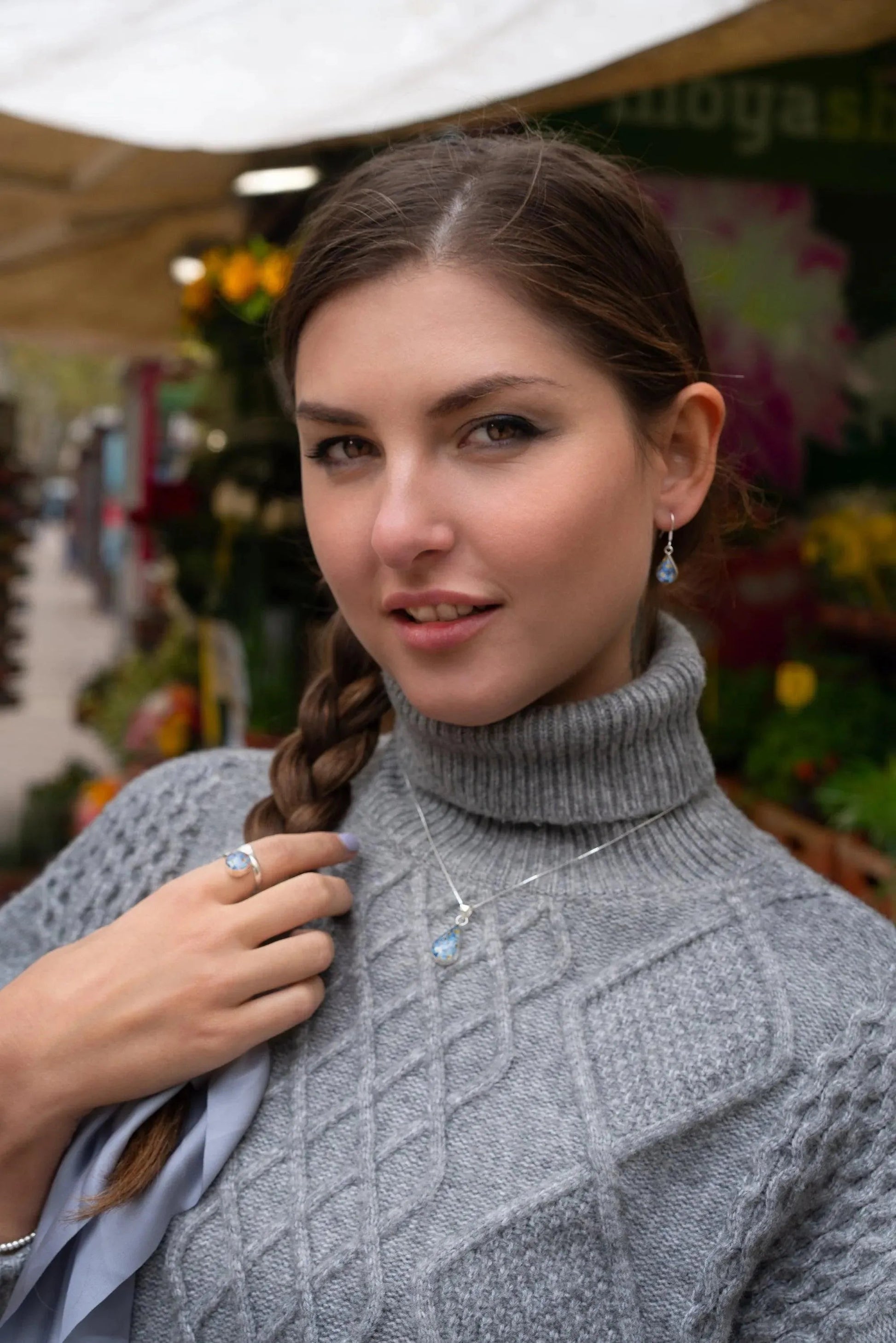 Forget Me Not Silver Teardrop Necklace with Real Flowers