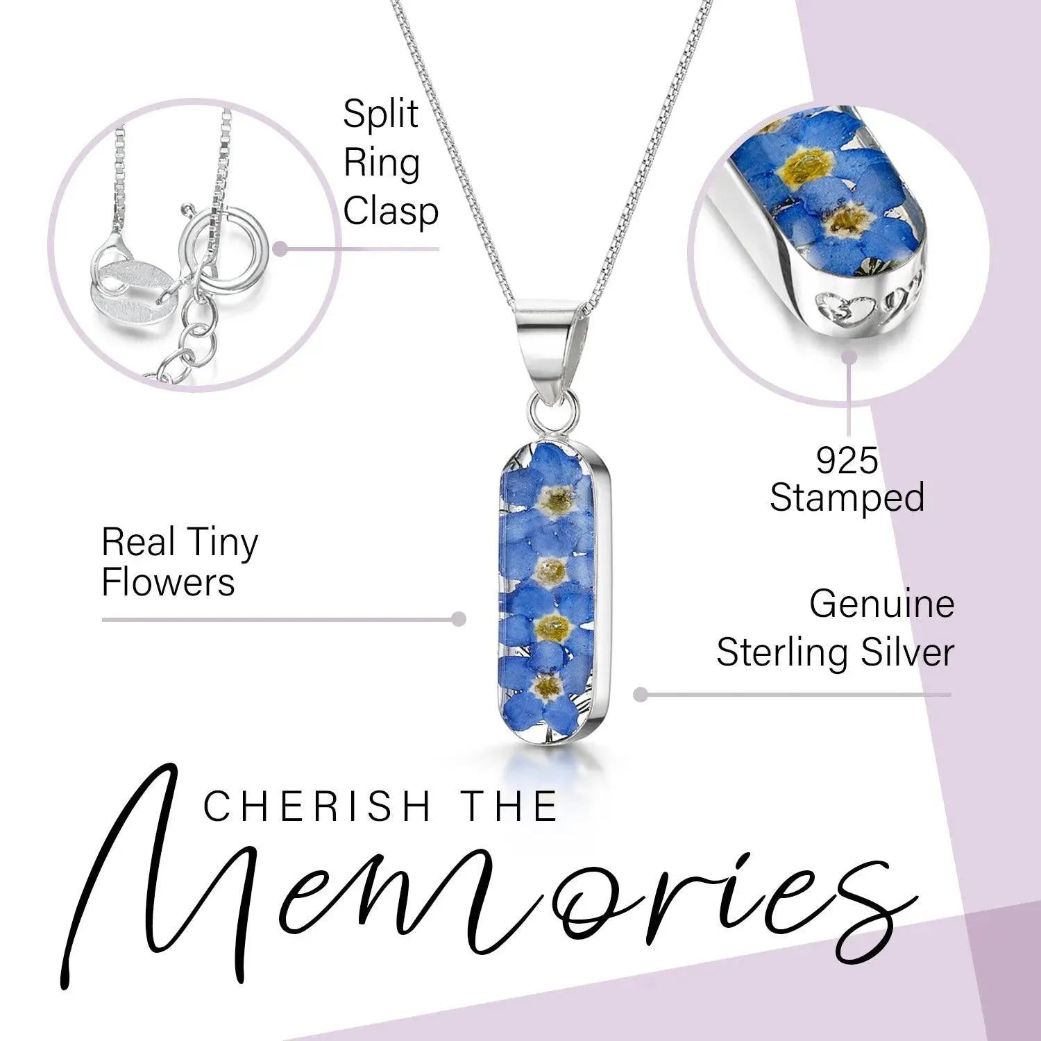 Forget Me Not Vertical Bar Necklace Leela Pendant Handmade Real Flowers