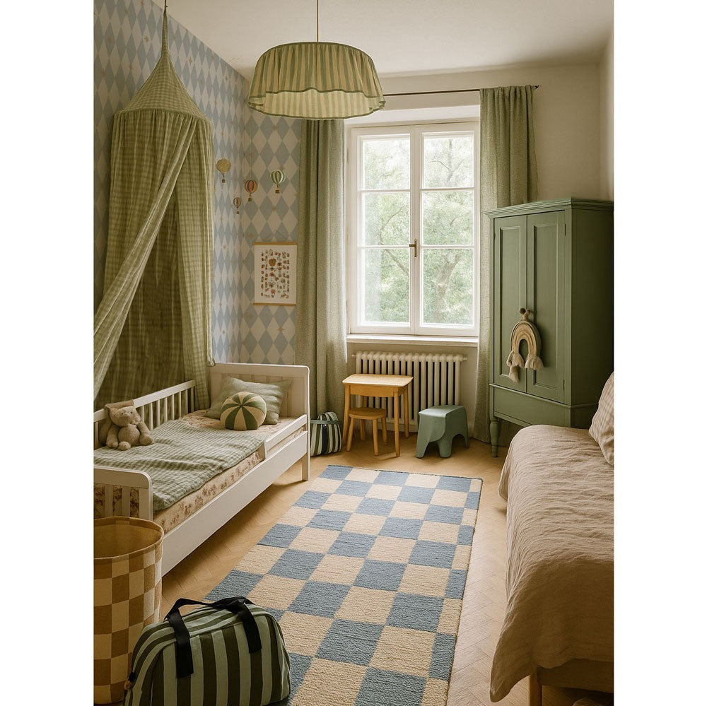 soft blue diamond and yellow star pattern wallpaper for a serene kids room